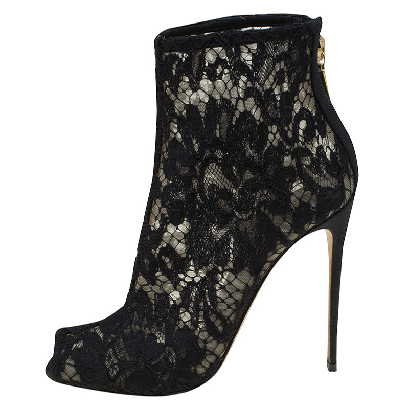 

Dolce and Gabbana Black Lace Peep Toe Ankle Boots Size