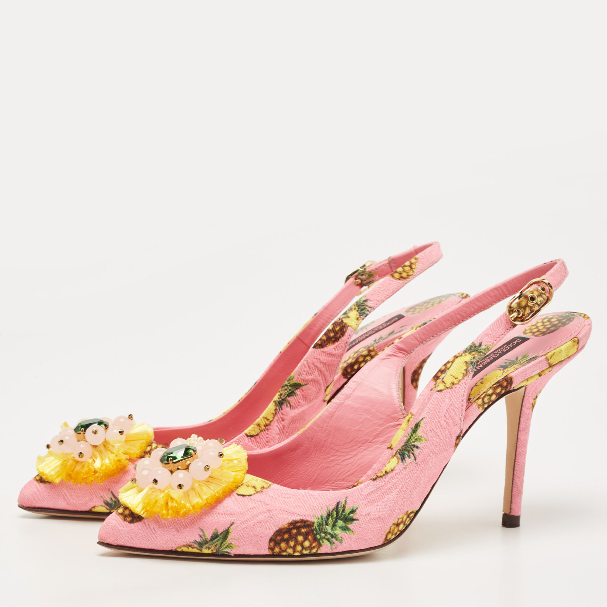 

Dolce & Gabbana Pink Pineapple Print Fabric Embellished Slingback Pumps Size