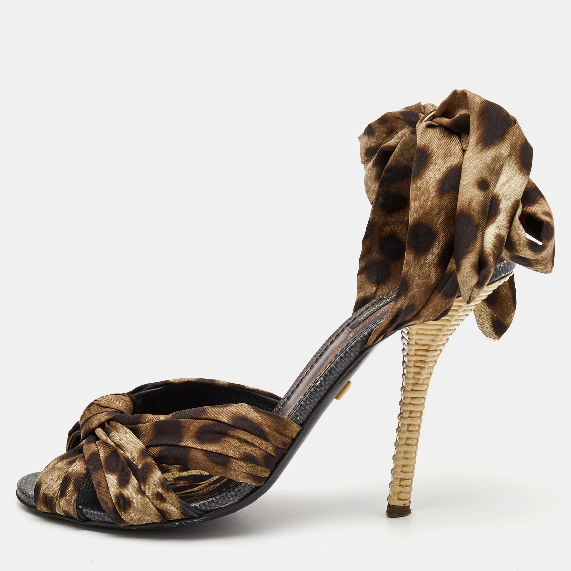 

Dolce & Gabbana Brown Satin Leopard Print Fastening Ankle Tie Sandals Size