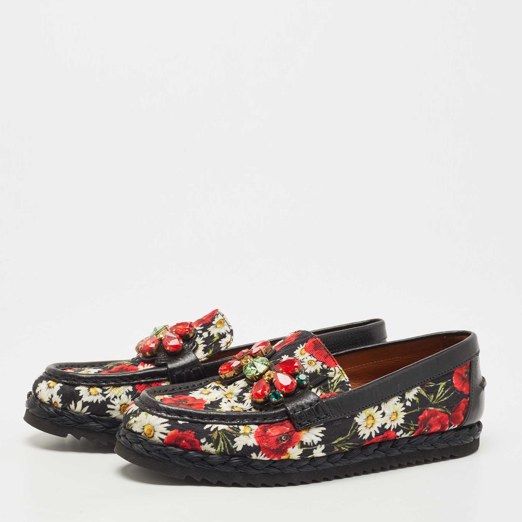 

Dolce & Gabbana Multicolor Floral Fabric and Leather Crystal Embellished Loafers Size, Black