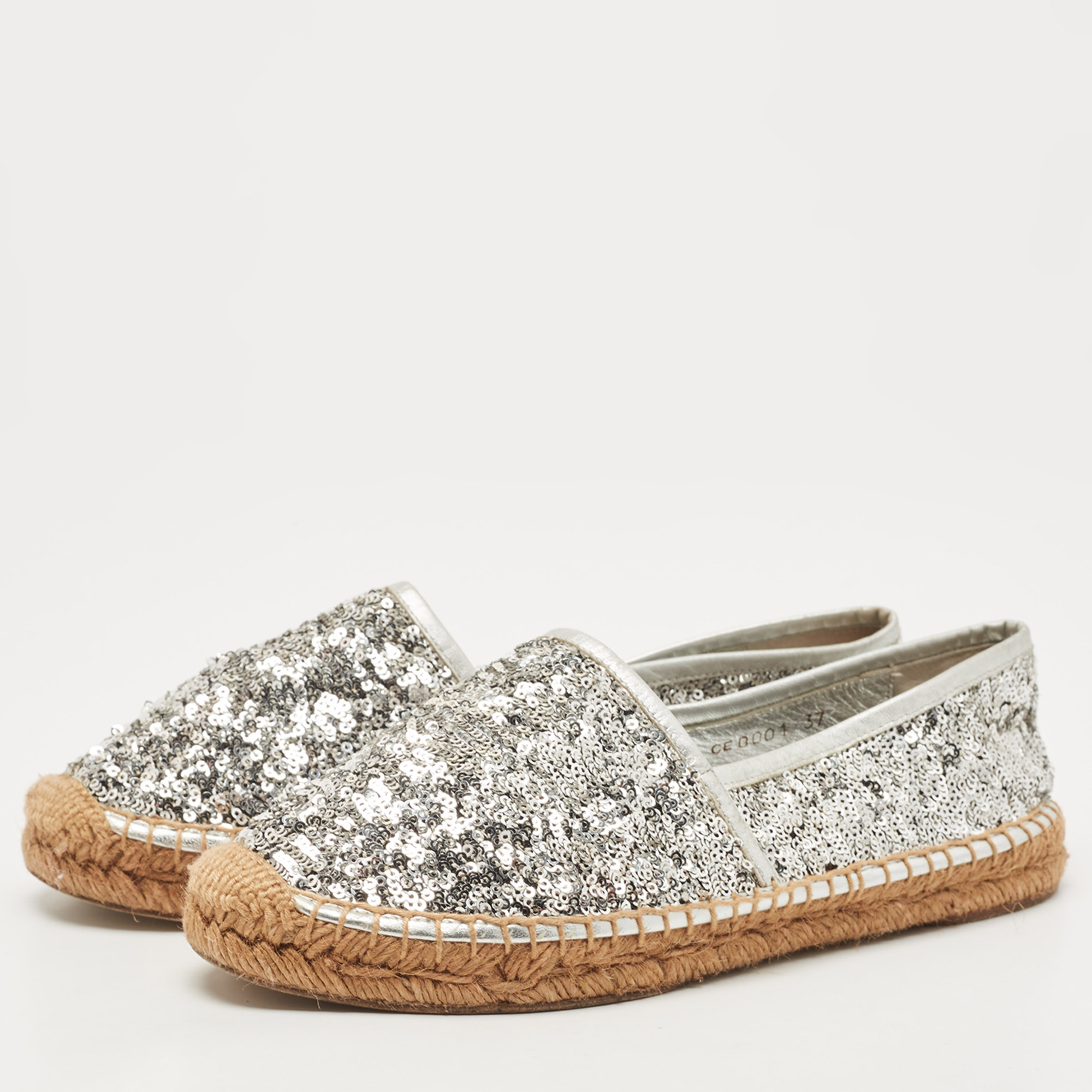 

Dolce & Gabbana Silver Sequins and Leather Espadrille Flats Size