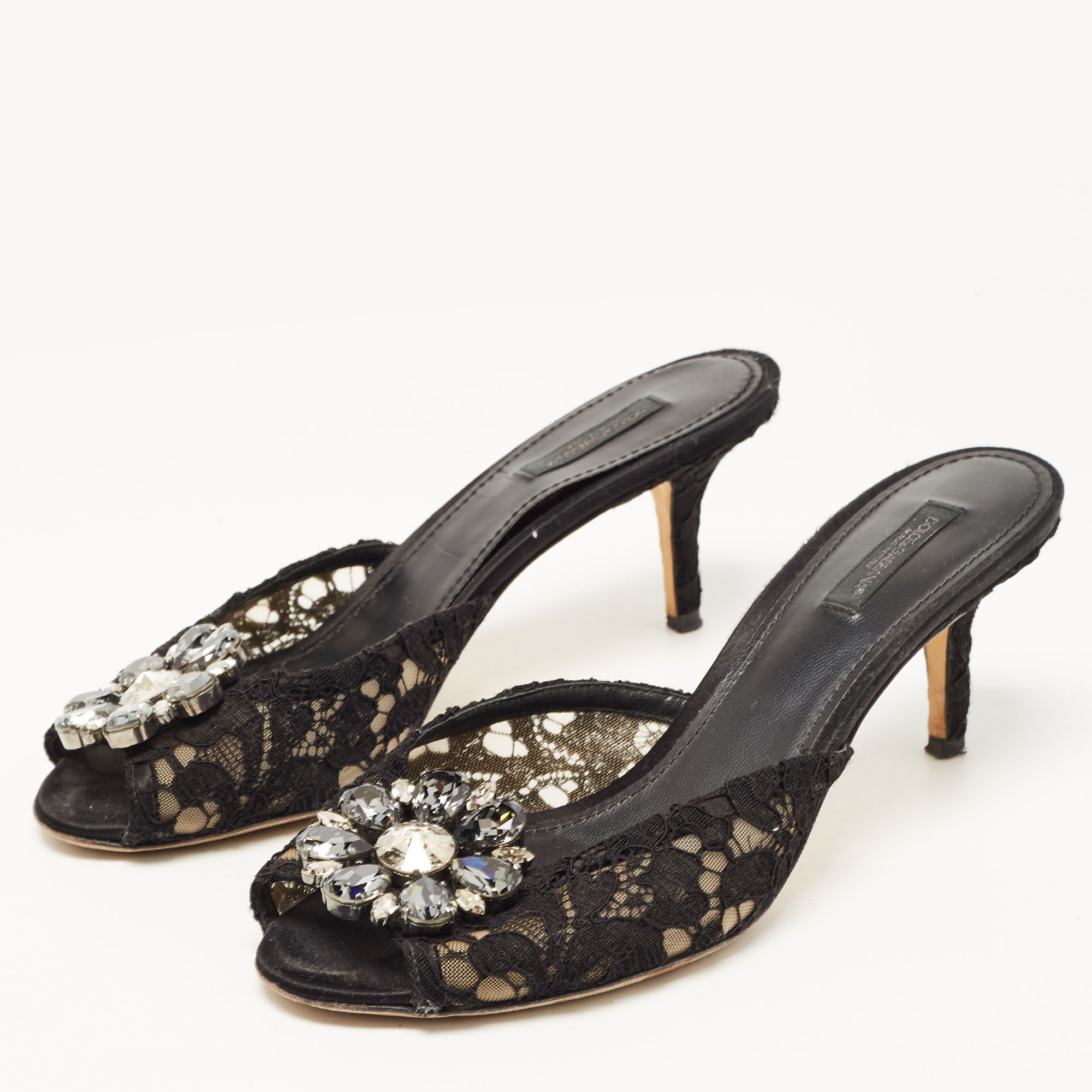 

Dolce & Gabbana Black Lace Keria Crystal Embellished Slides Size