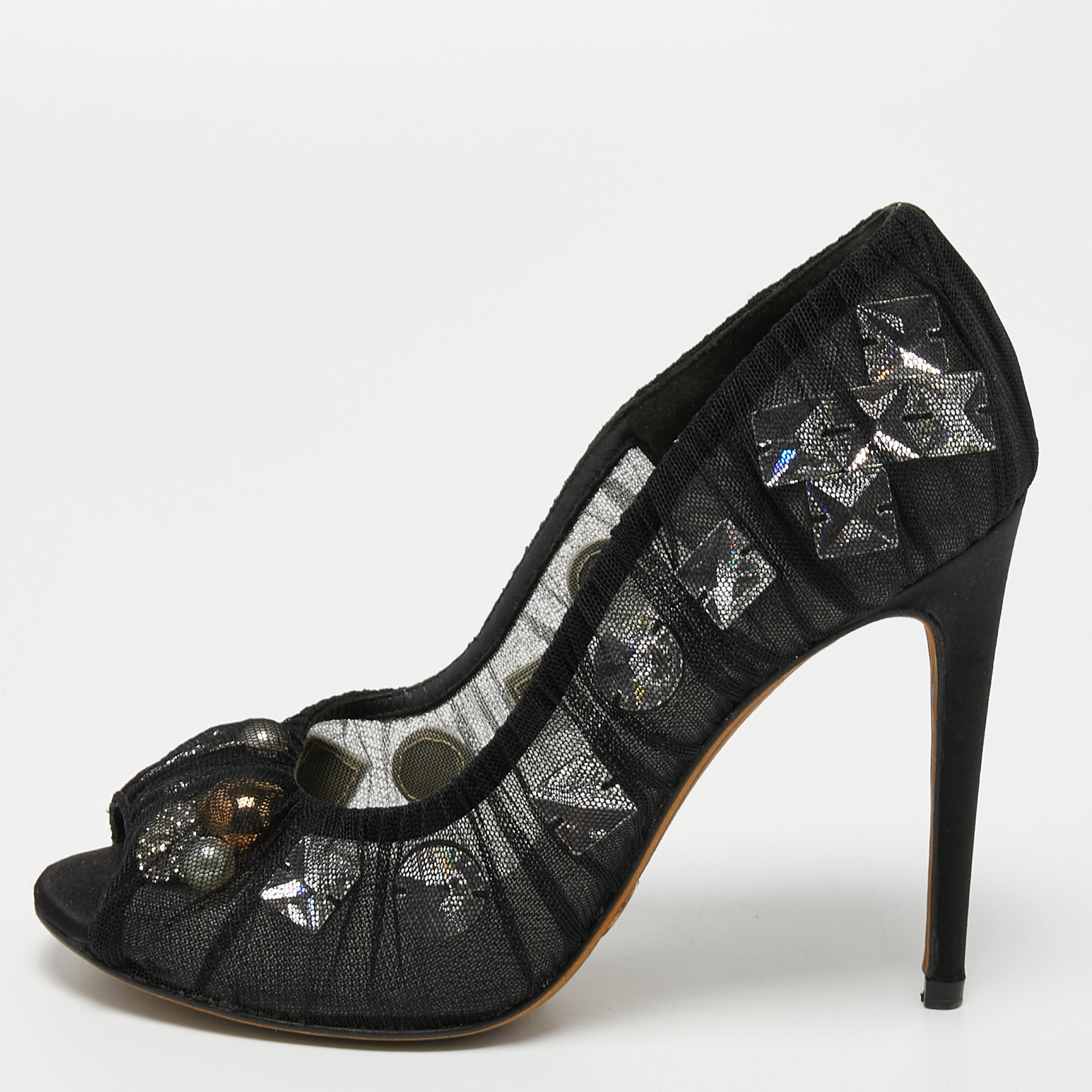 Pre-owned Dolce & Gabbana Black Net Crystal Embellished Peep Toe Pumps Size 37.5