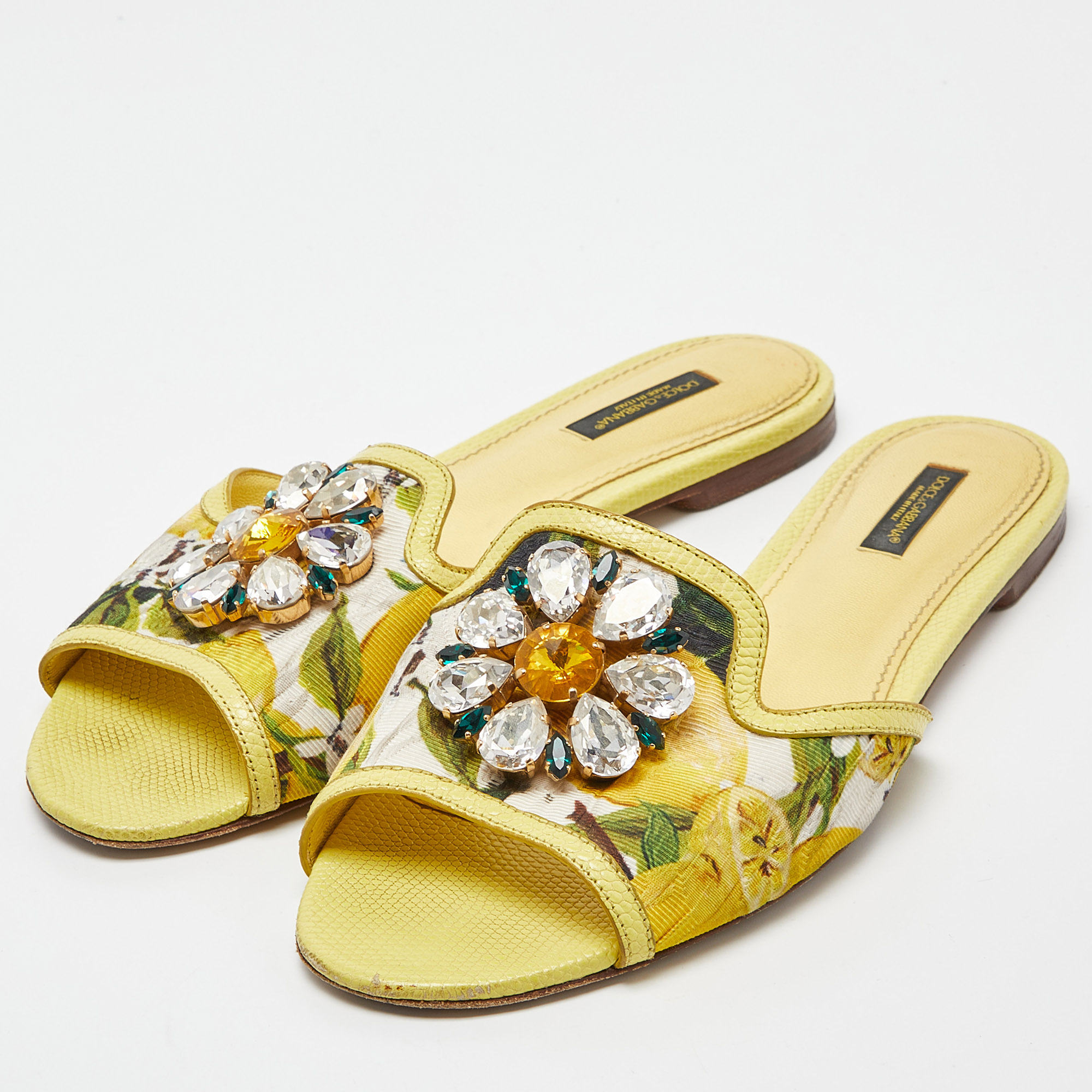 

Dolce & Gabbana Yellow Floral Fabric and Lizard Embossed Leather Crystal Embellished Sofia Flat Slides Size