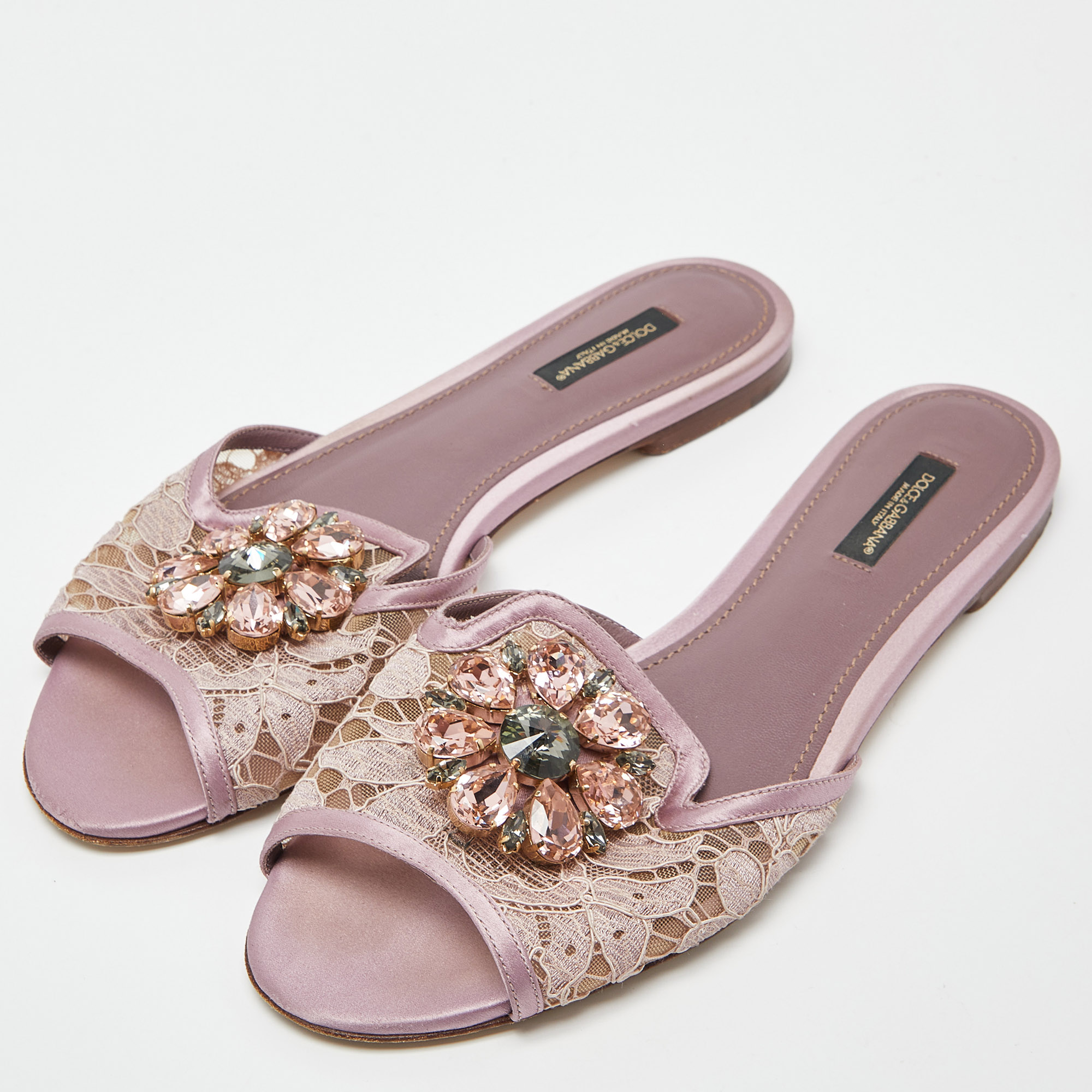 

Dolce & Gabbana Pink Satin and Lace Sofia Crystal Embellished Slide Flat Sandals Size