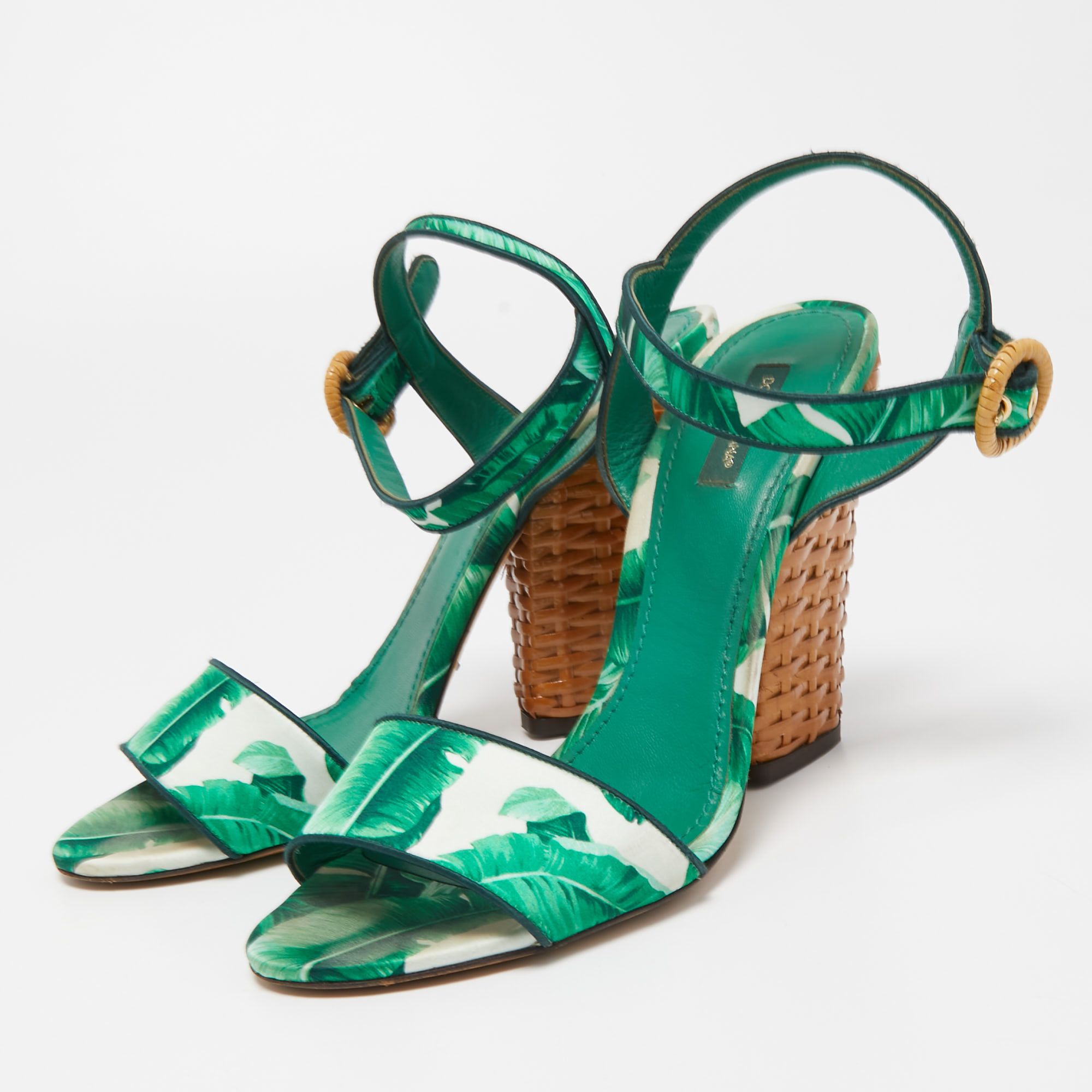

Dolce & Gabbana Green Banana Leaf Print Satin Keira Ankle Strap Sandals Size