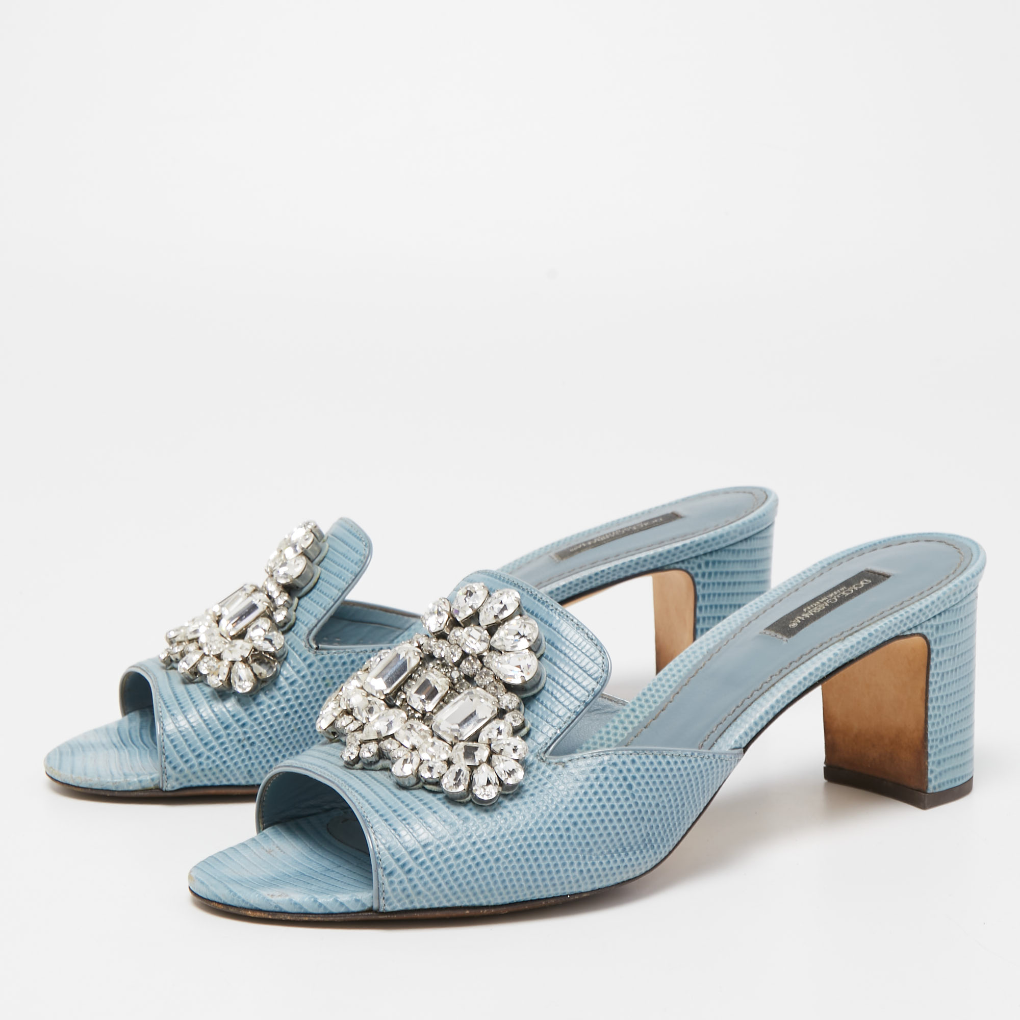 

Dolce & Gabbana Light Blue Lizard Embossed Leather Crystal Embellished Slide Sandals Size