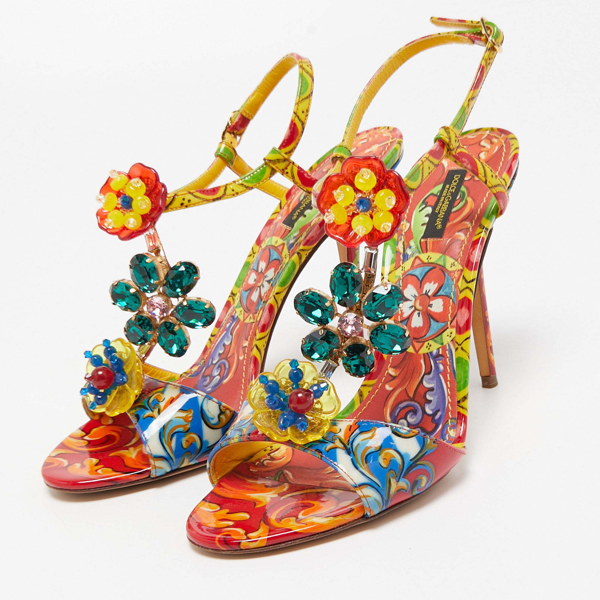 

Dolce & Gabbana Multicolor Patent Brocade Ankle Strap Sandals Size