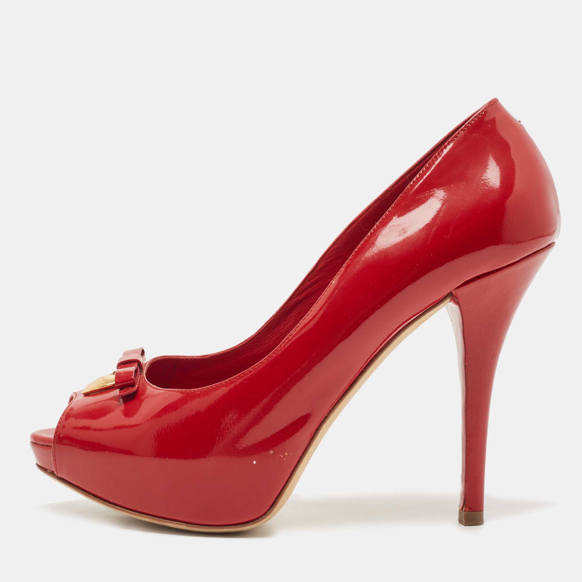 Pre-owned Dolce & Gabbana Red Patent Leather Bow Peep Toe Platform Pumps Size 38