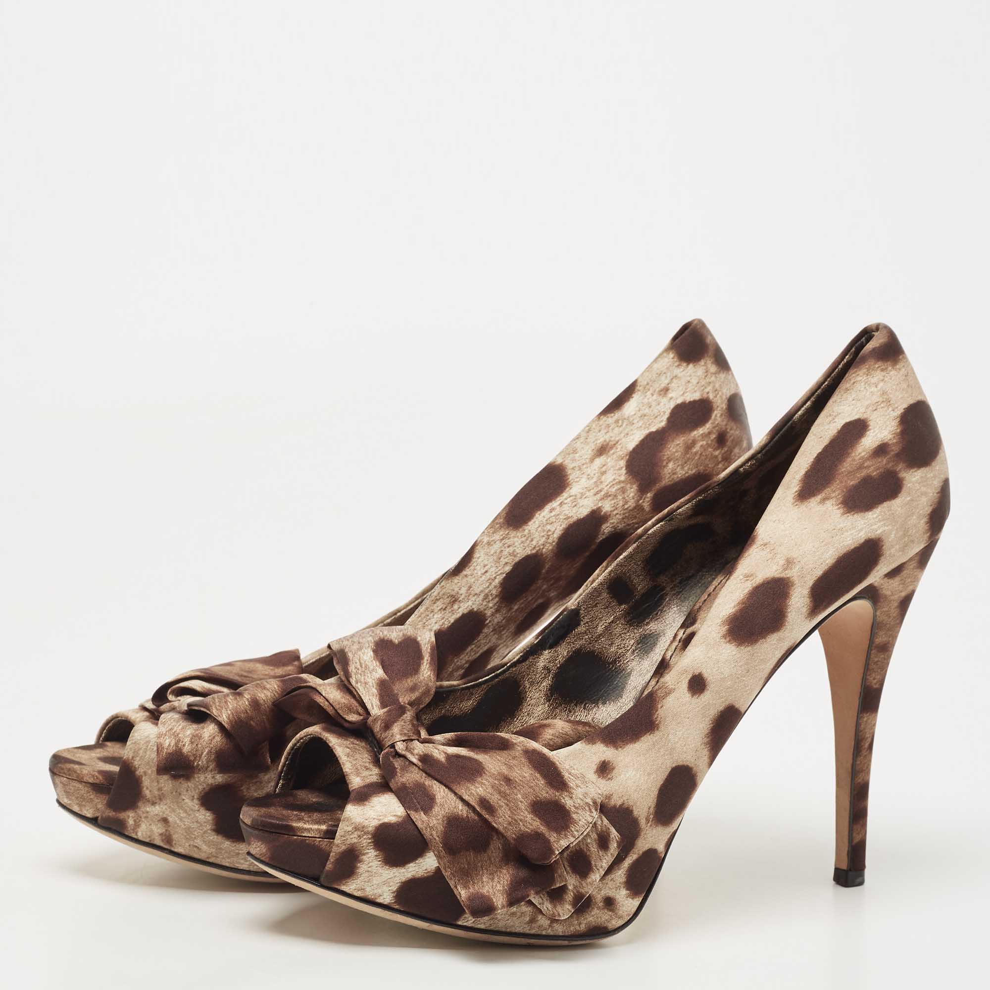 

Dolce & Gabbana Brown Animal Print Satin Bow Peep Toe Platform Pumps Size