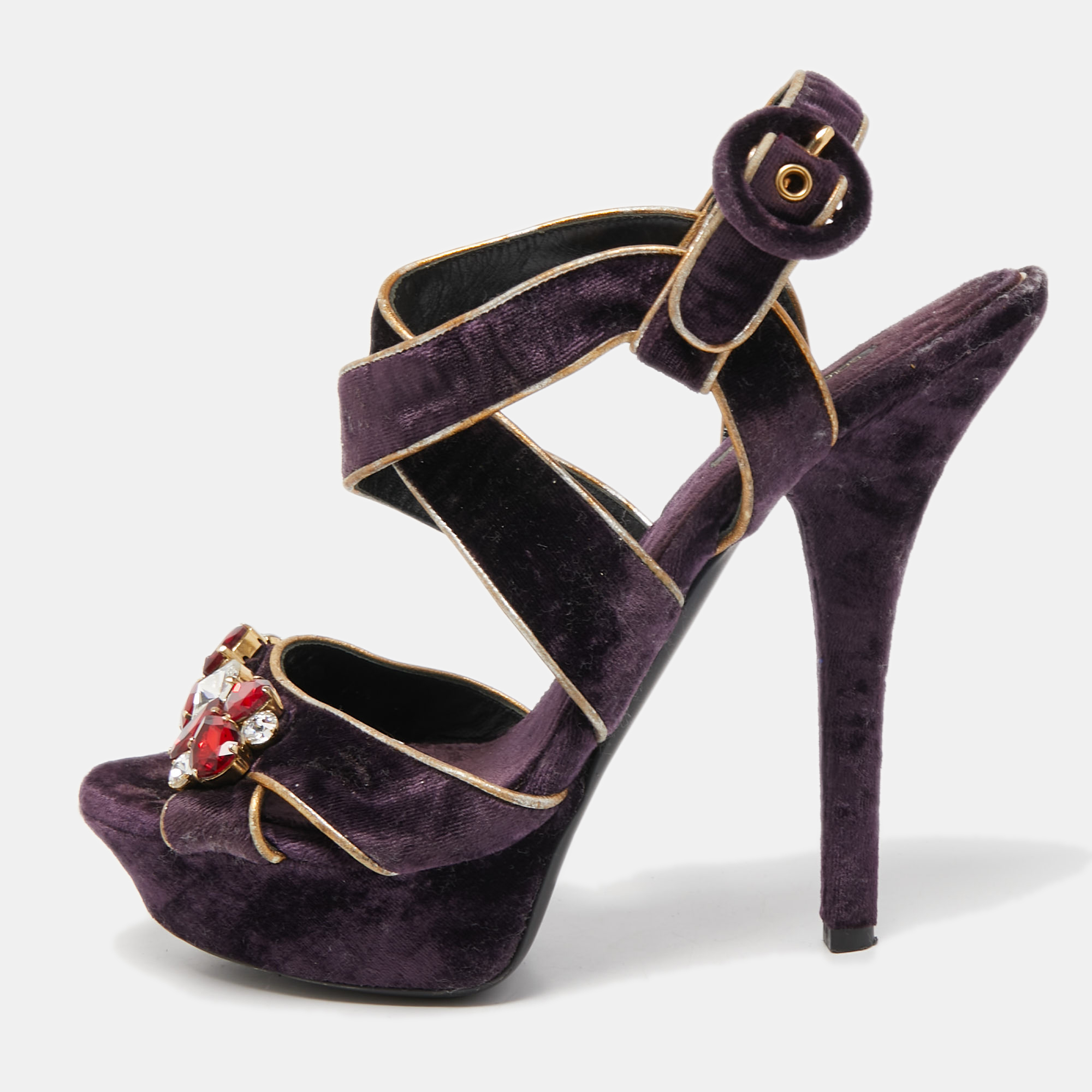 Pre-owned Dolce & Gabbana Purple Velvet And Leather Ankle Strap Sandals Size 39.5