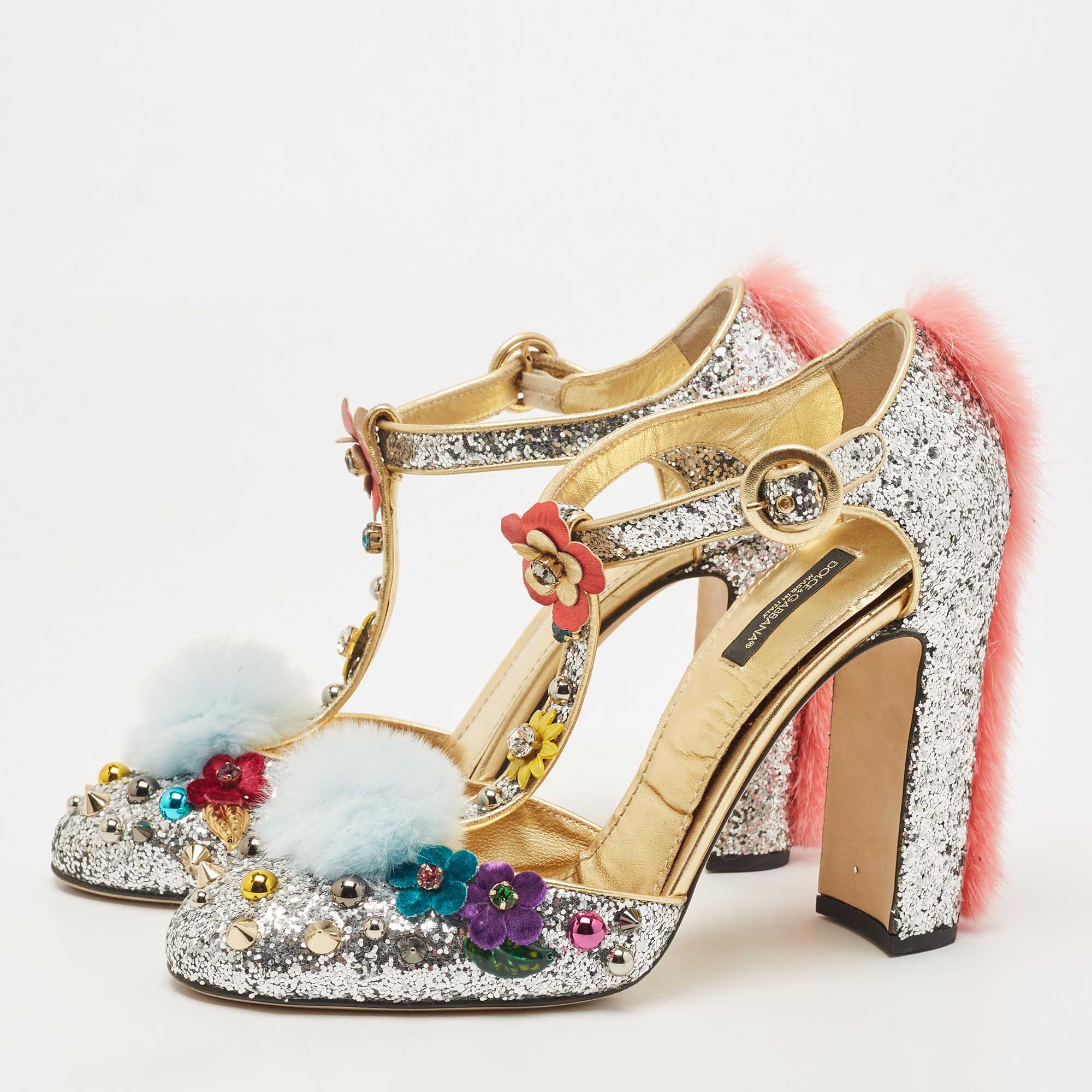 

Dolce & Gabbana Silver Glittered and Leather Fluffy Mary Jane Sandals Size