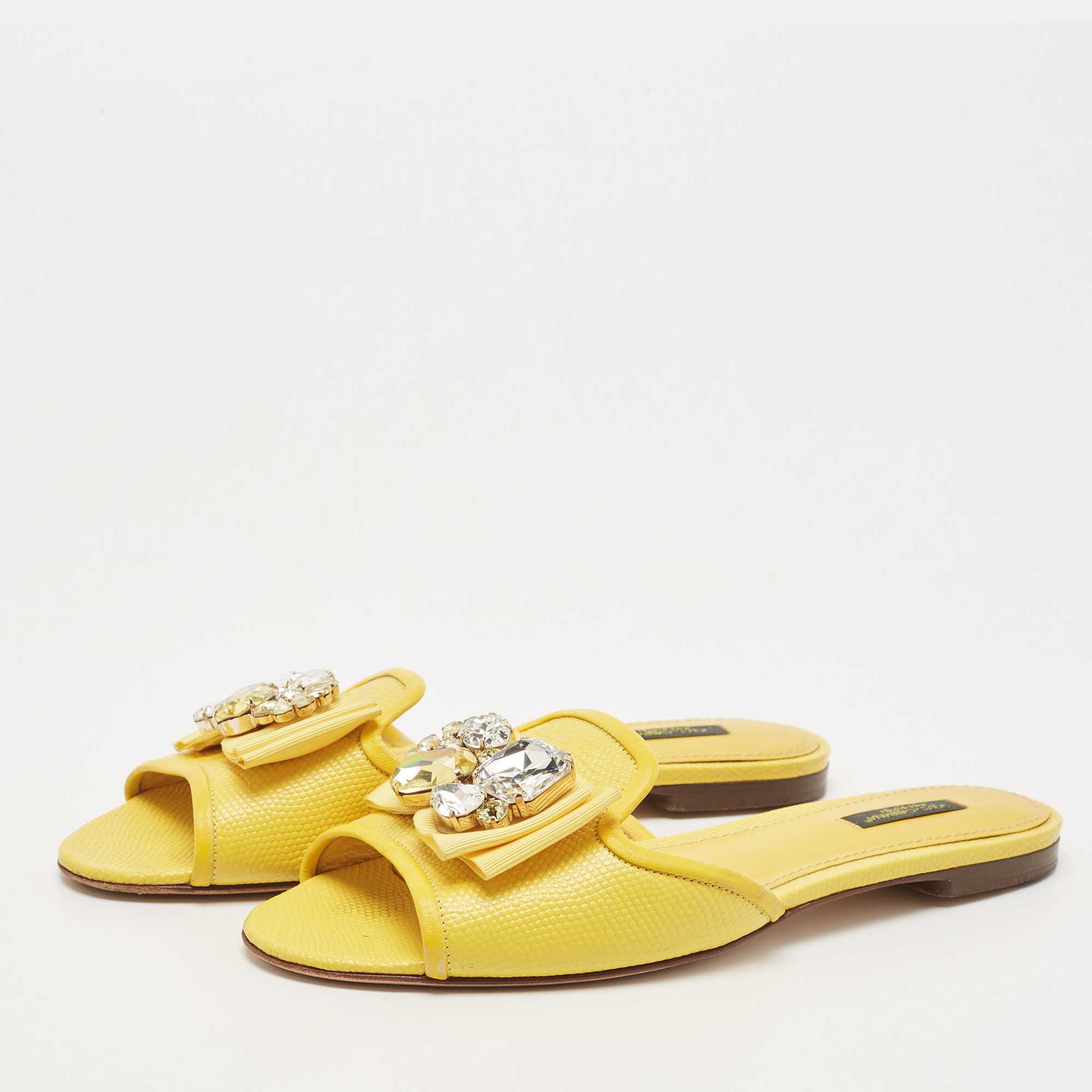 

Dolce & Gabbana Yellow Lizard Embossed Leather Crystal Embellished Flat Slides Size