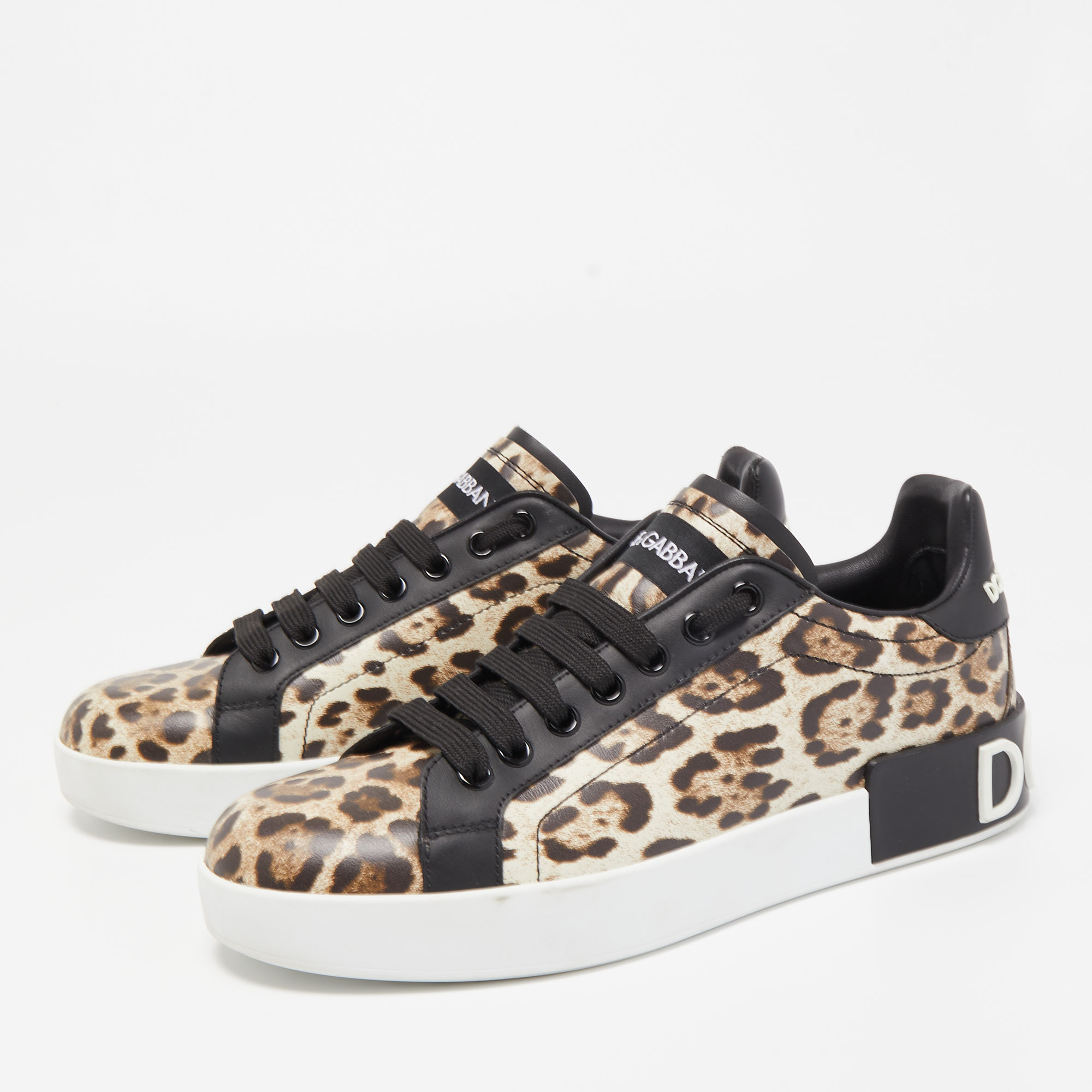 

Dolce & Gabbana Black/Brown Leopard Print Leather Portofino Low Top Sneakers Size