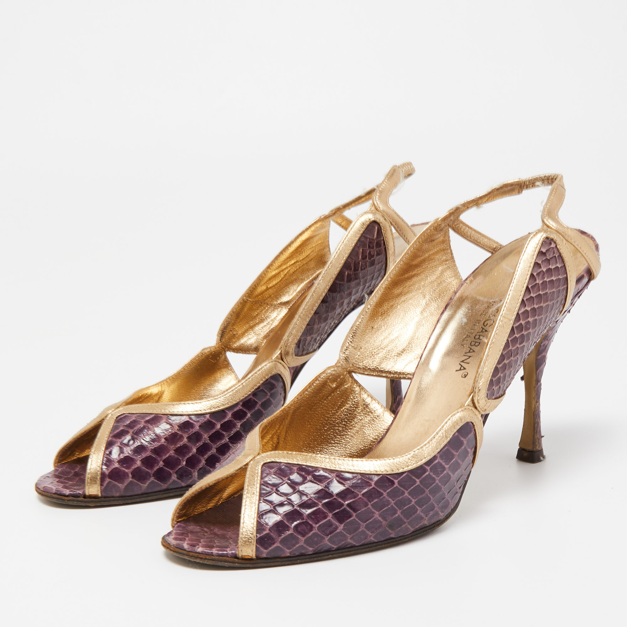 

Dolce & Gabbana Purple/Gold Python and Leather Open Toe Slingback Sandals Size