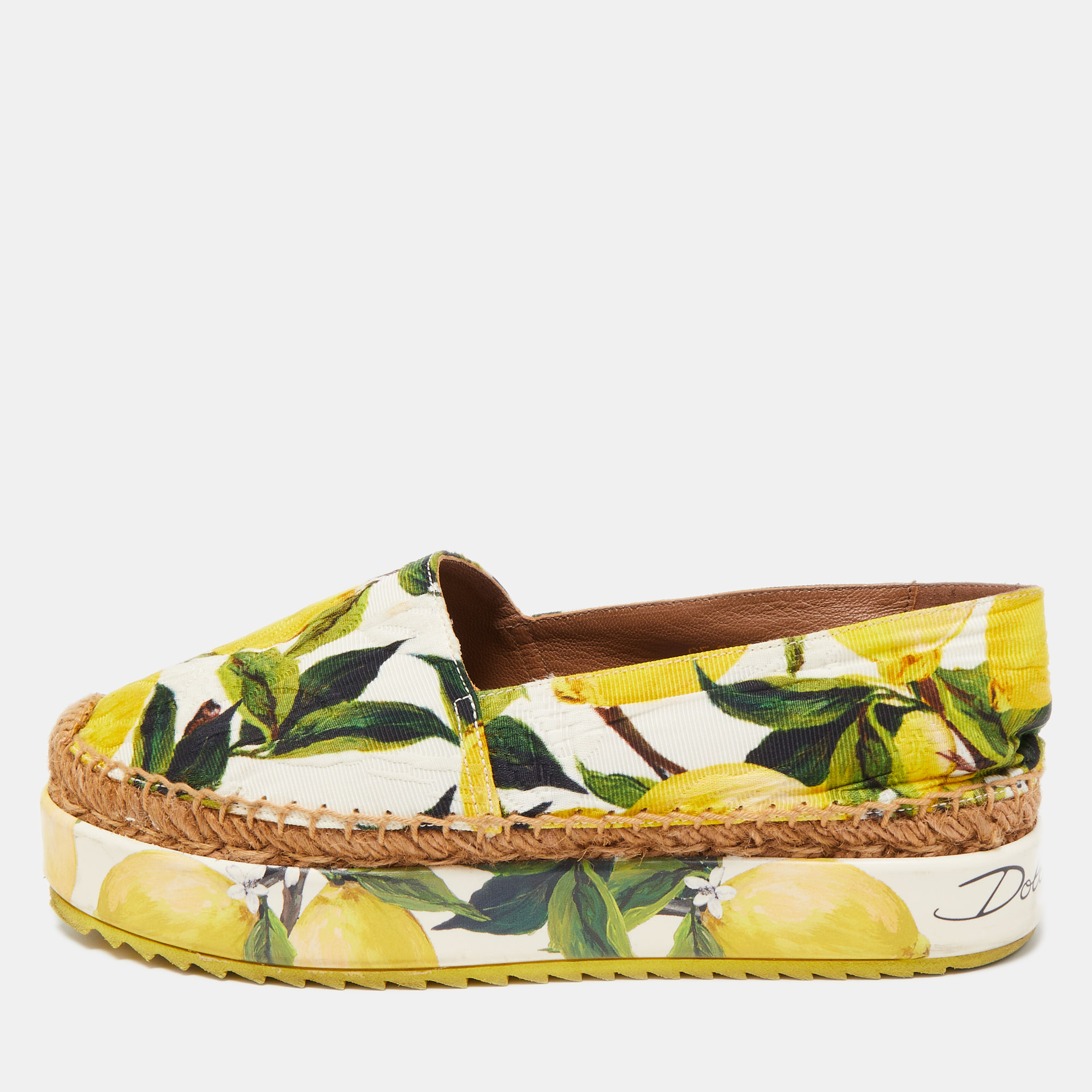 Pre-owned Dolce & Gabbana Tricolor Lemon Print Fabric Platform Espadrille Flats Size 35 In Yellow