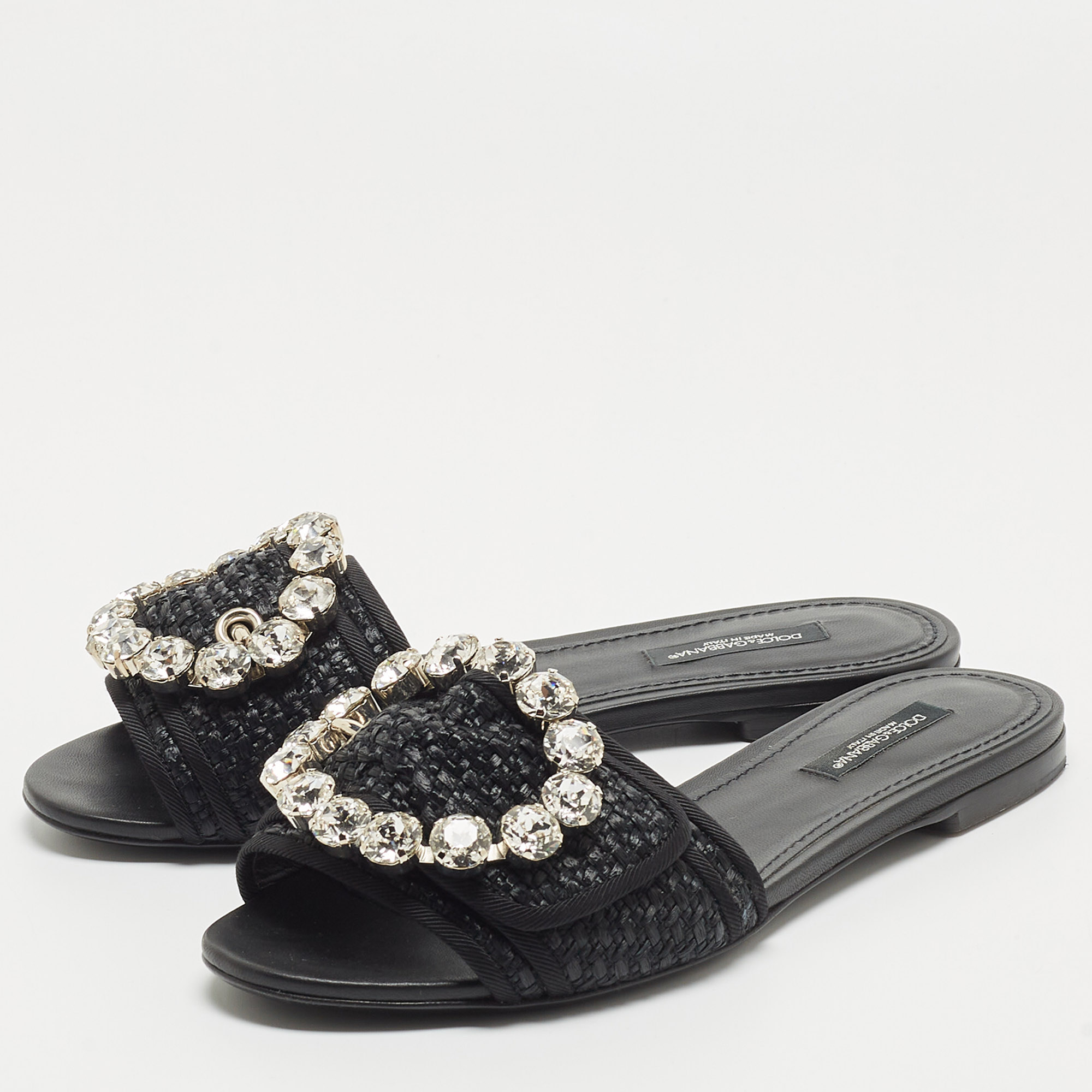 

Dolce & Gabbana Black Raffia Crystal Embellished Flat Slides Size