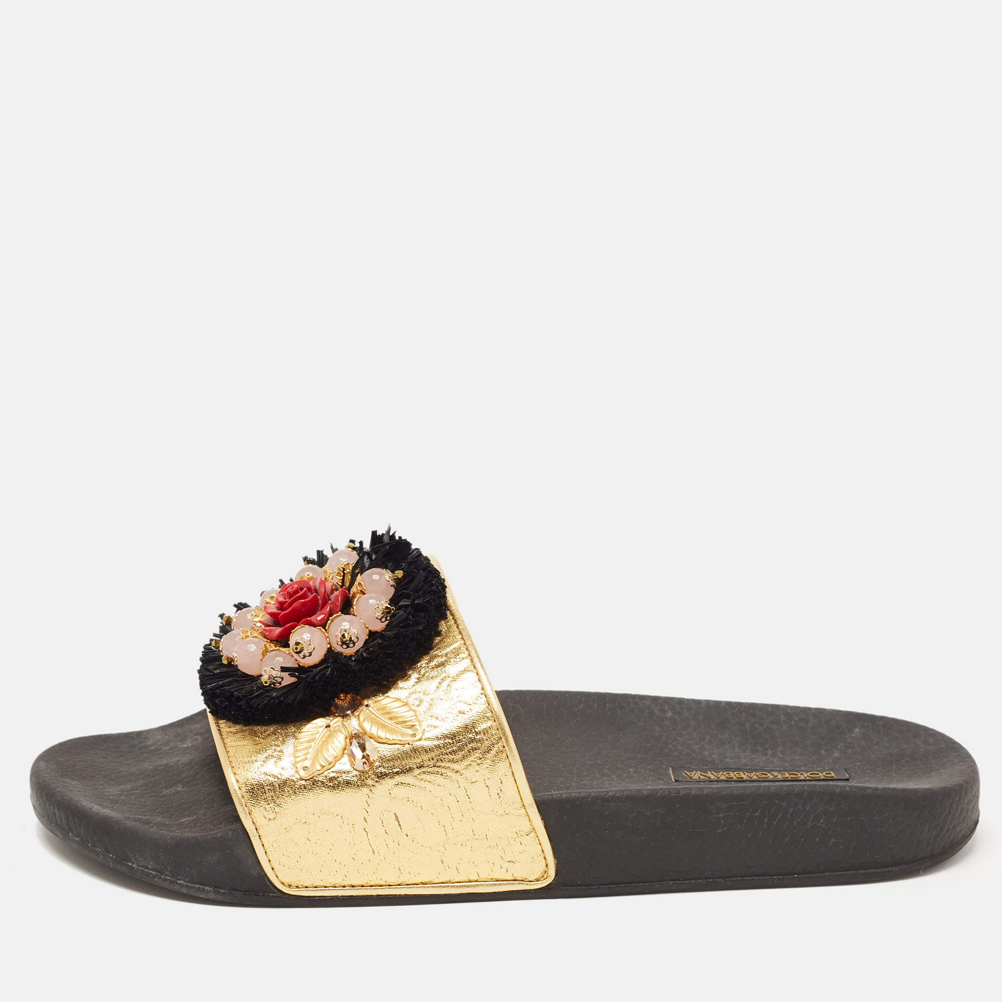 Pre-owned Dolce & Gabbana Gold Jacquard Embellished Slide Sandals Size 40