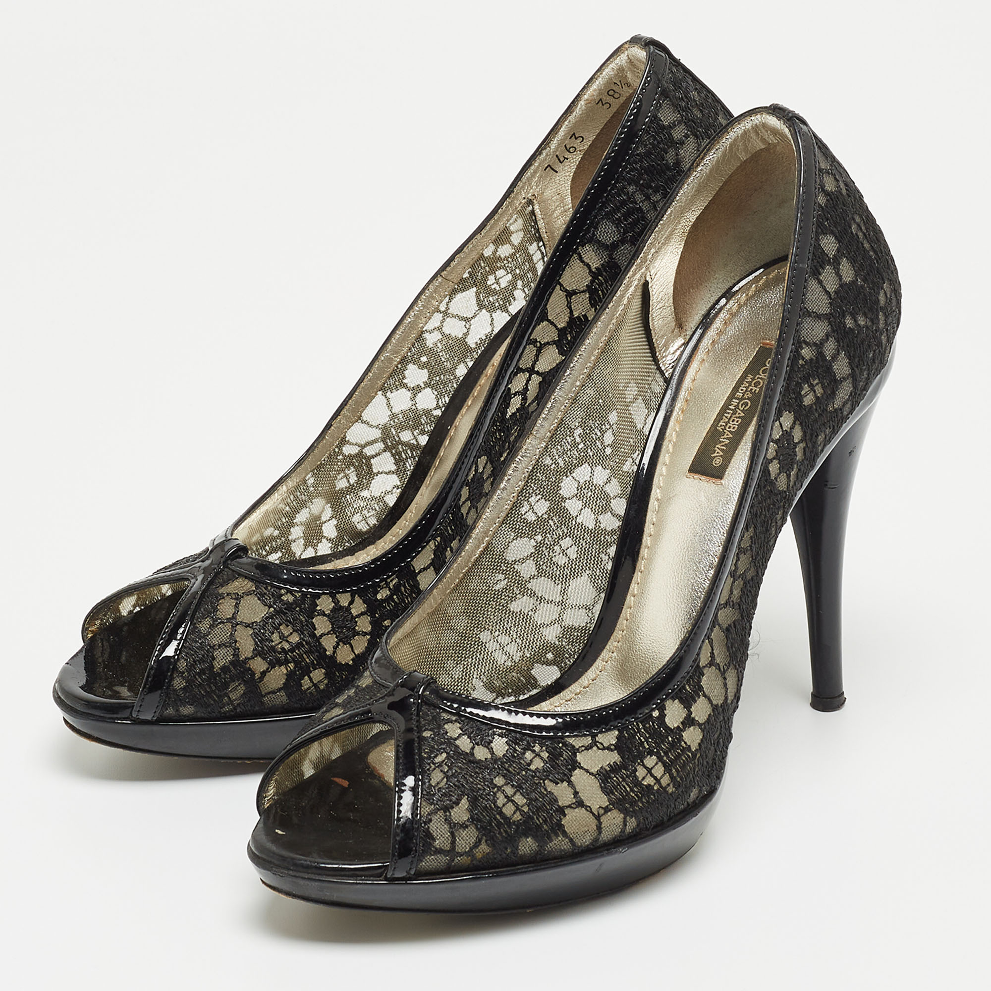 

Dolce & Gabbana Black Lace And Patent Leather Open Toe Pumps Size
