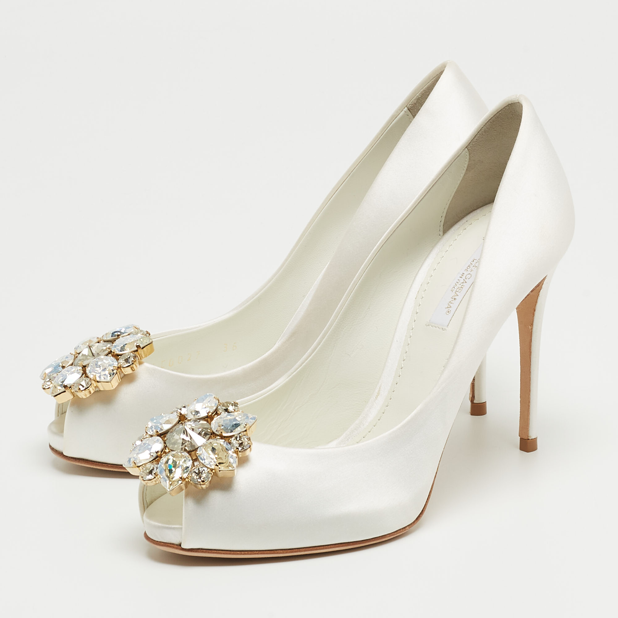 

Dolce & Gabbana White Satin Crystal Embellished Peep Toe Pumps Size