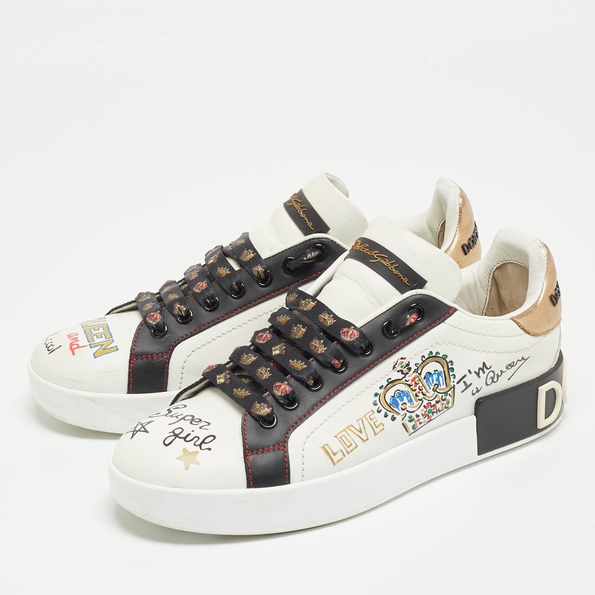 

Dolce & Gabbana White Leather Embellished Crown Portofino Sneakers Size