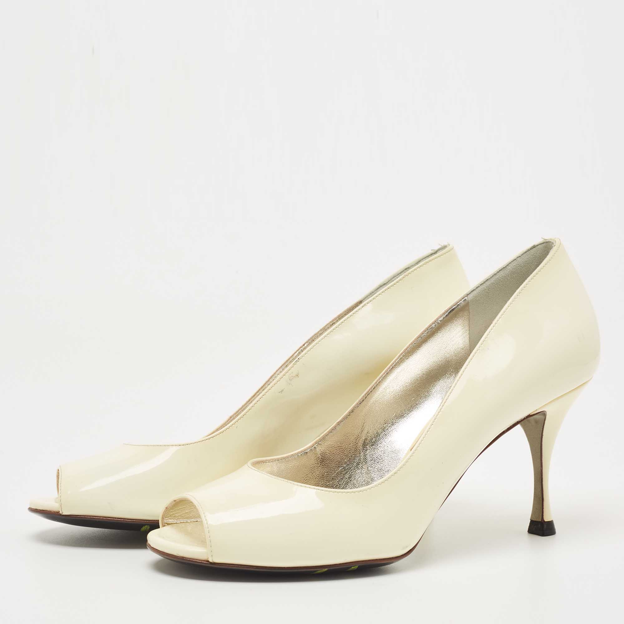 

Dolce & Gabbana Off White Patent Leather Peep Toe Pumps Size