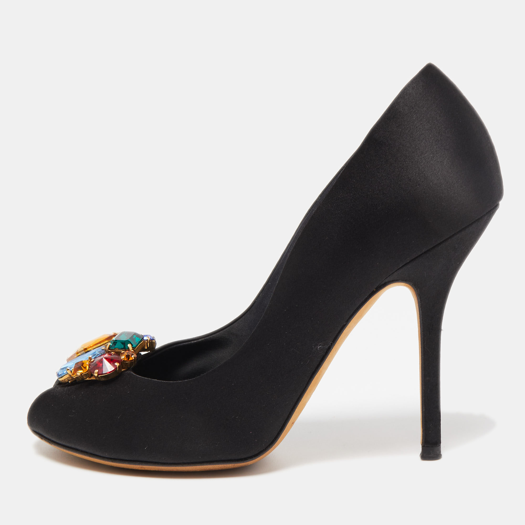 Pre-owned Dolce & Gabbana Black Satin Crytal Embellished Open Toe Pumps Size 37.5