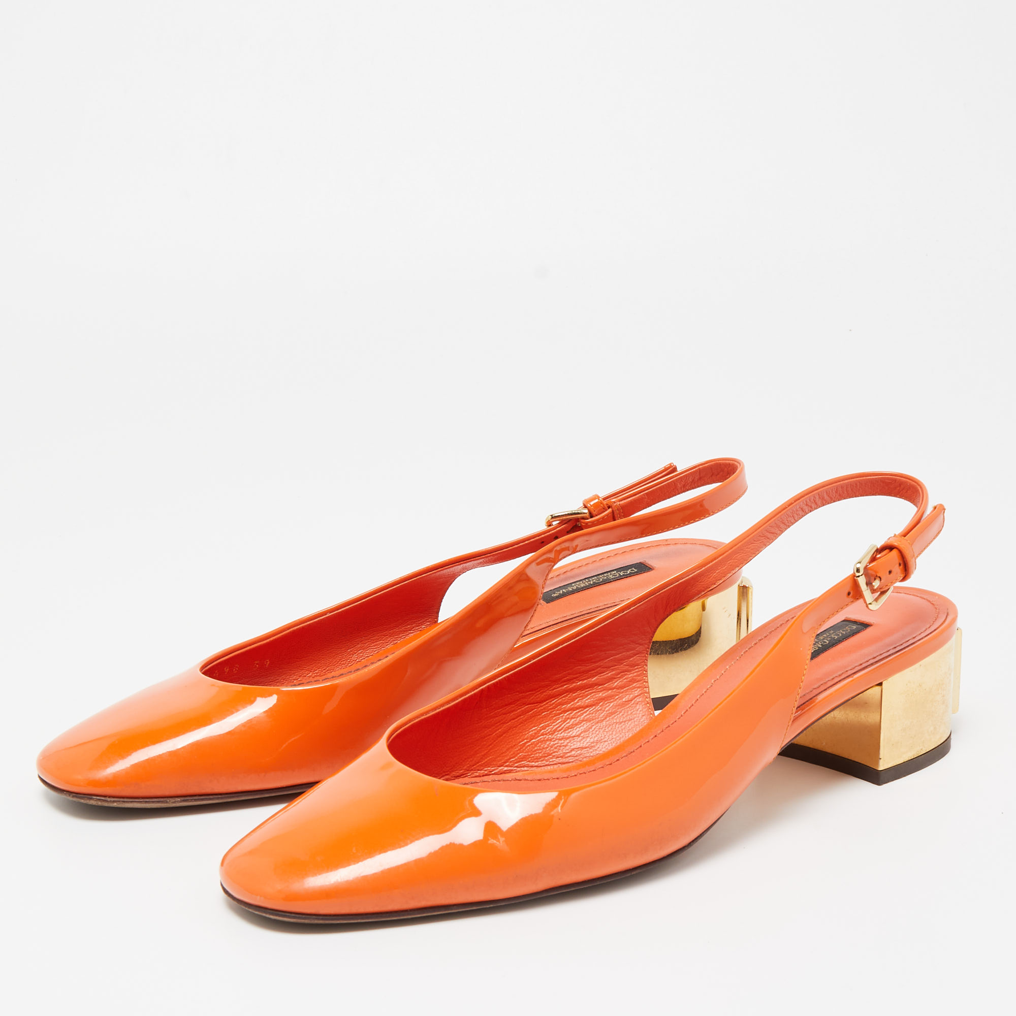 

Dolce & Gabbana Orange Patent Leather DG Block Heel Slingback Pumps Size