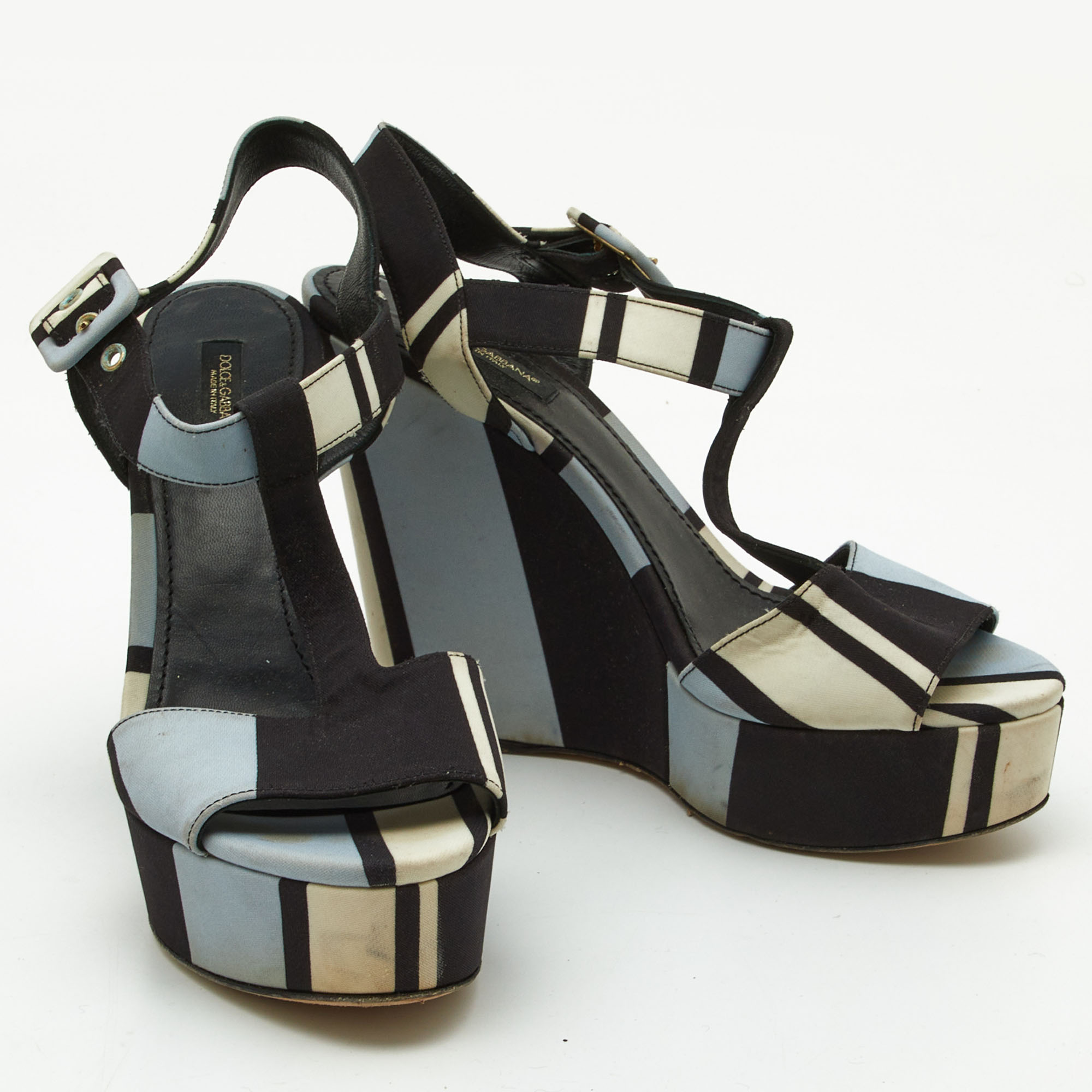 Dolce & Gabbana Tri Color Printed Fabric T-Strap Wedge Sandals Size 39.5 