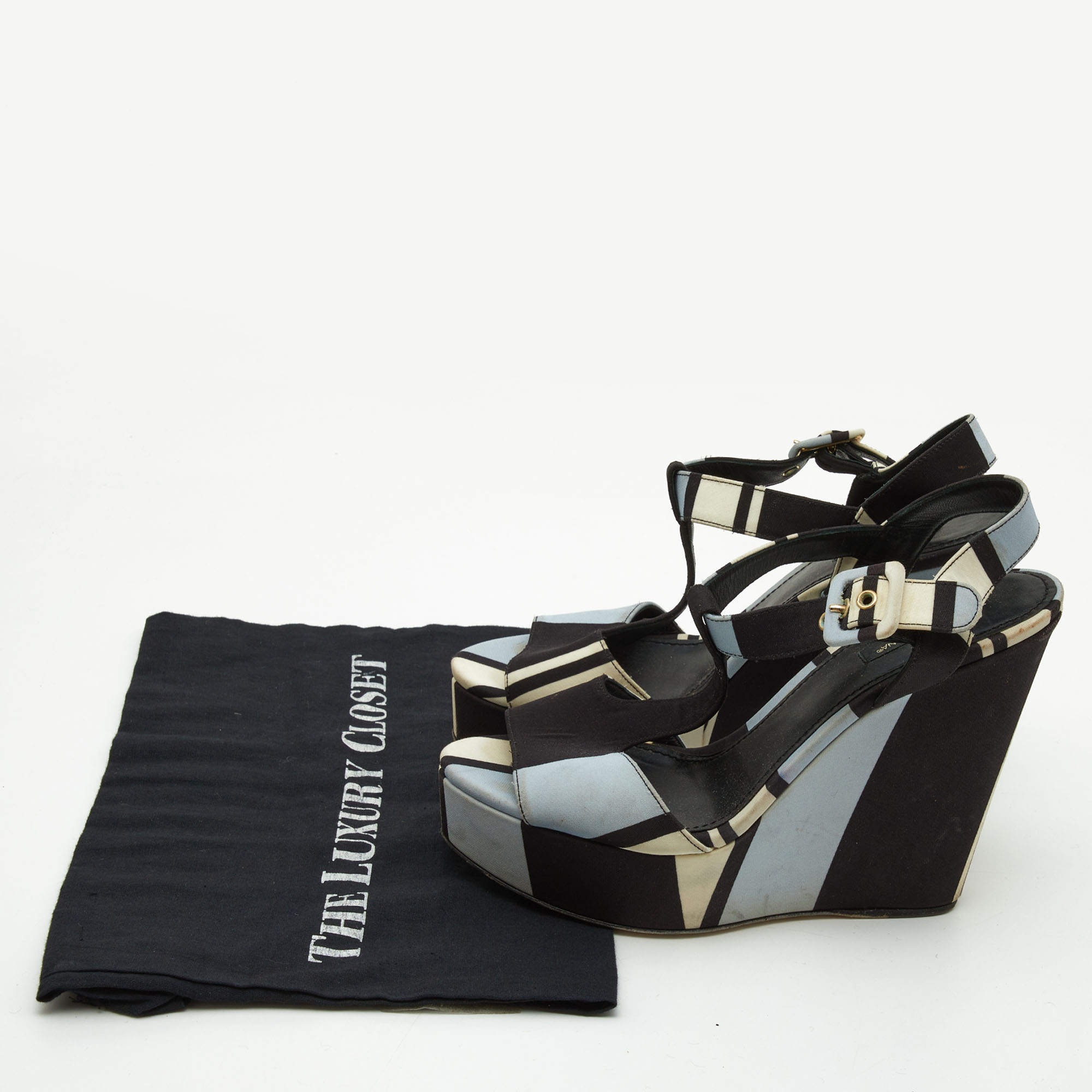 Dolce & Gabbana Tri Color Printed Fabric T-Strap Wedge Sandals Size 39.5 