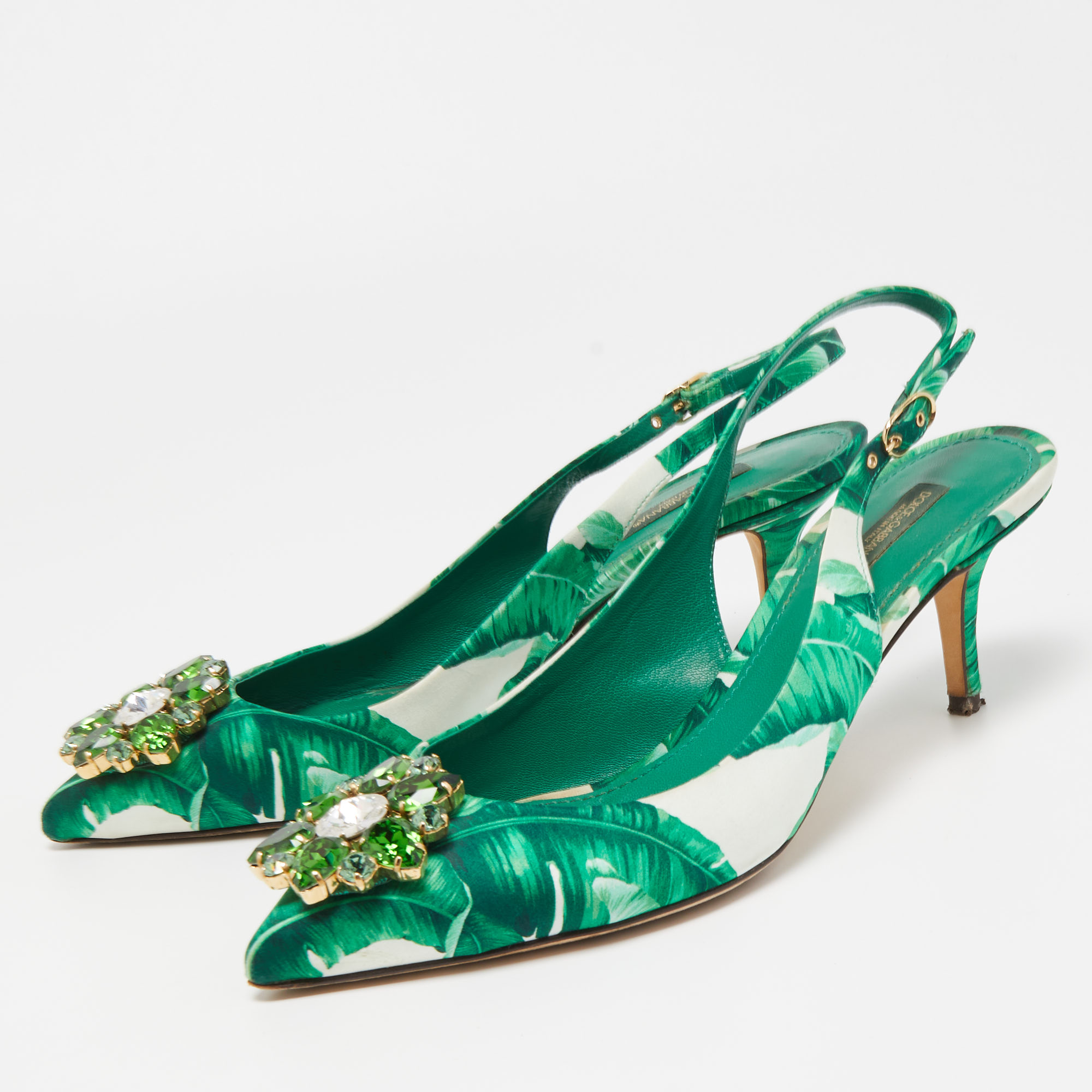 

Dolce & Gabbana Green/White Leaf Print Satin Bellucci Slingback Pumps Size