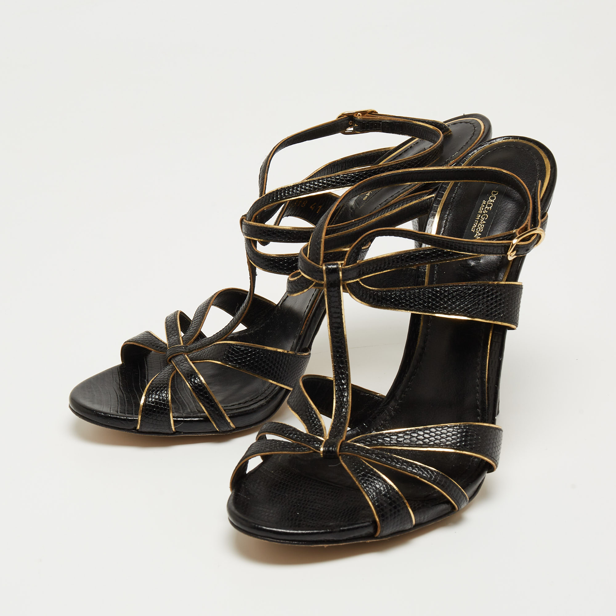 

Dolce & Gabbana Black Lizard Embossed Leather T Strap Sandals Size