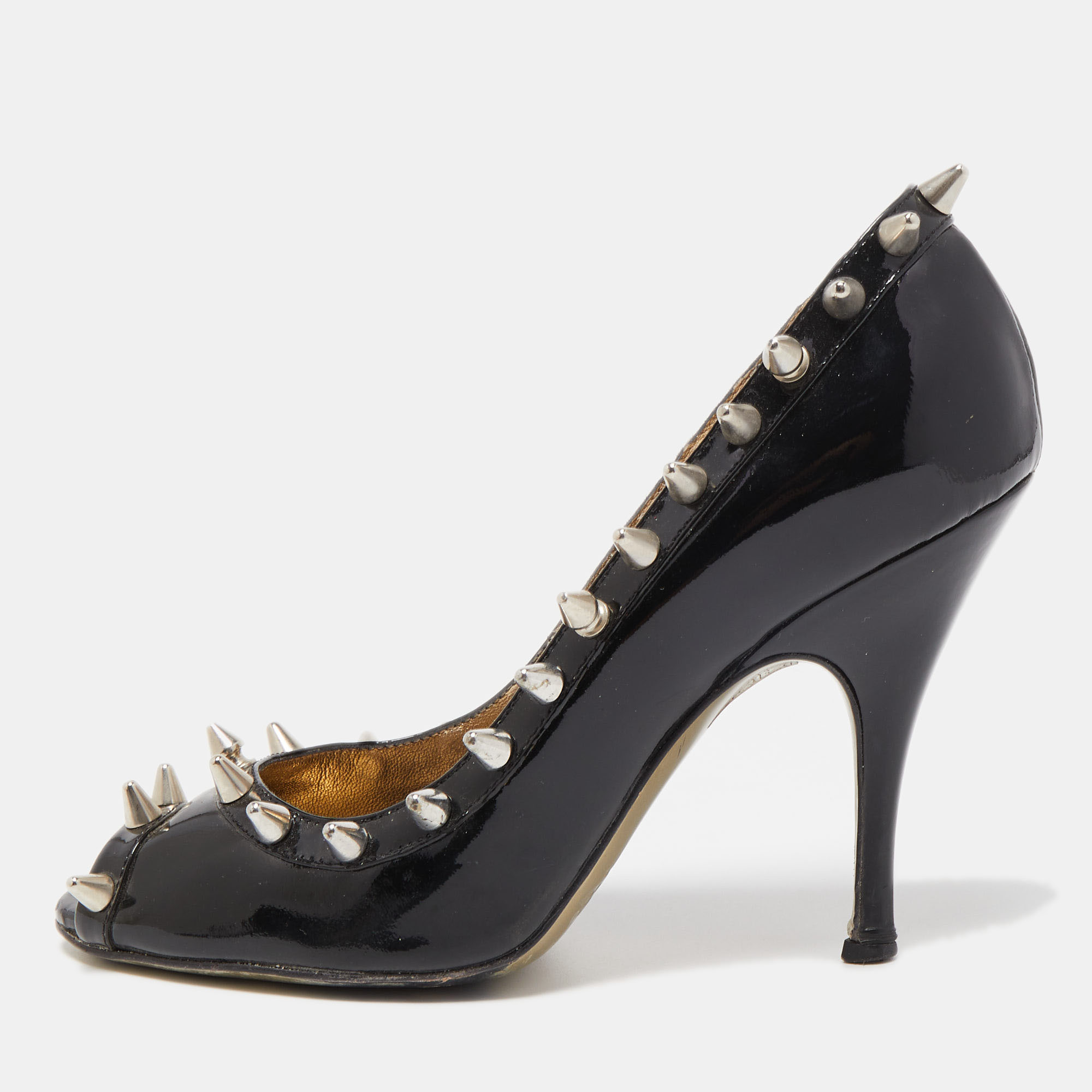 Pre-owned Dolce & Gabbana Black Patent Studded Peep Toe Pumps Size 38