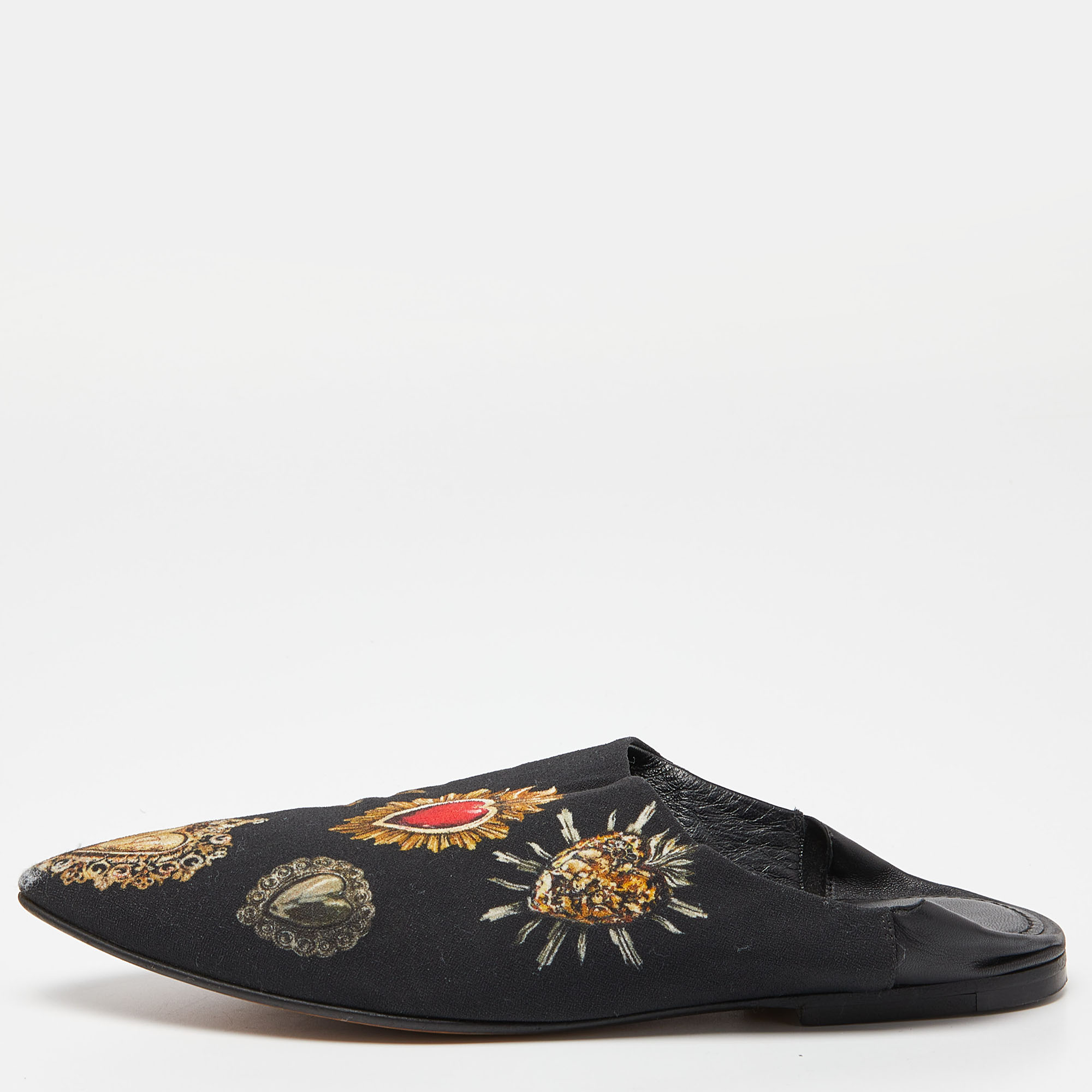 Pre-owned Dolce & Gabbana Black Printed Fabric Slide Mules Size 38.5