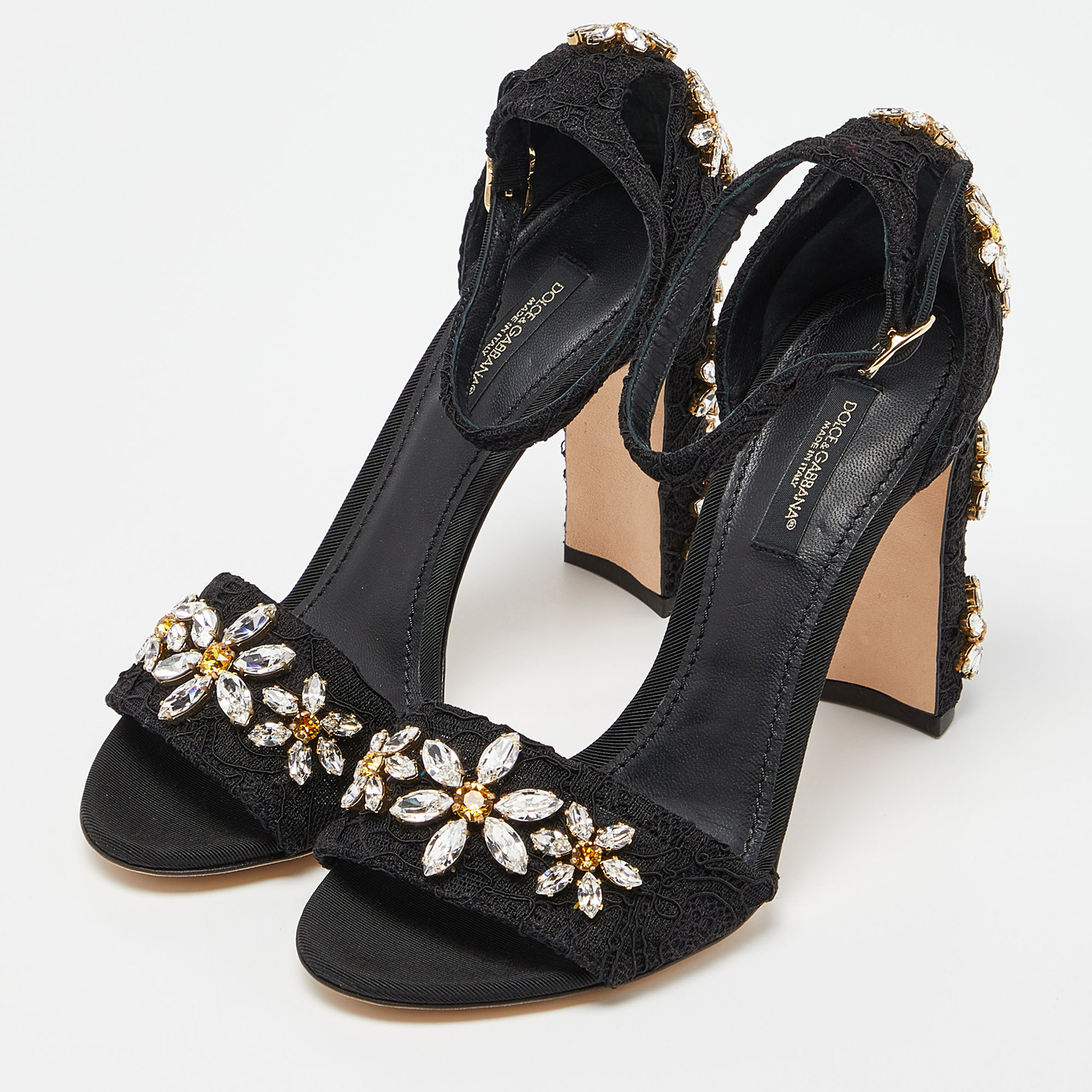 

Dolce & Gabbana Black Lace Crystal Embellished Block Heel Sandals Size