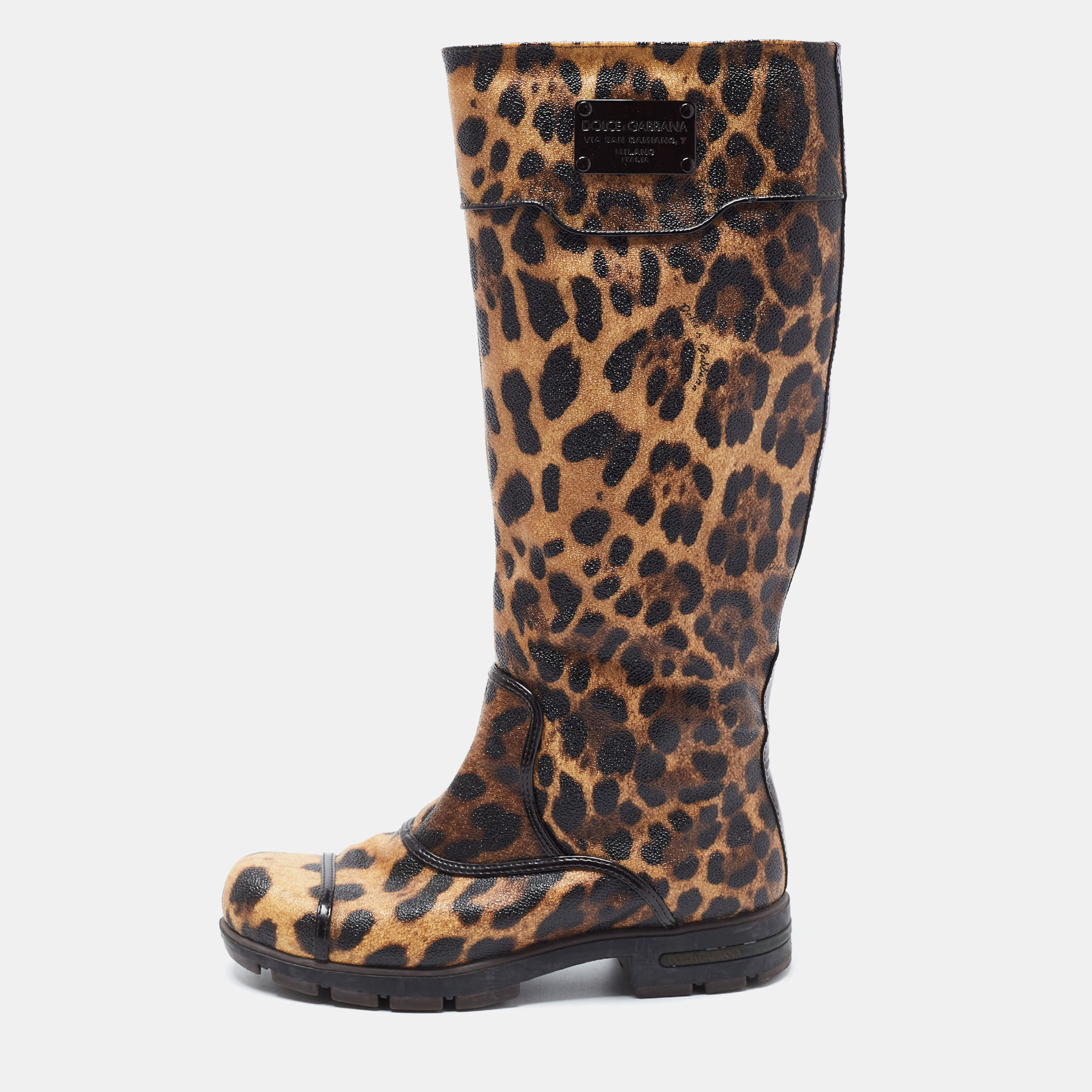 Pre-owned Dolce & Gabbana Brown Coated Canvas Leopard Print Knee Length Boots Size 36