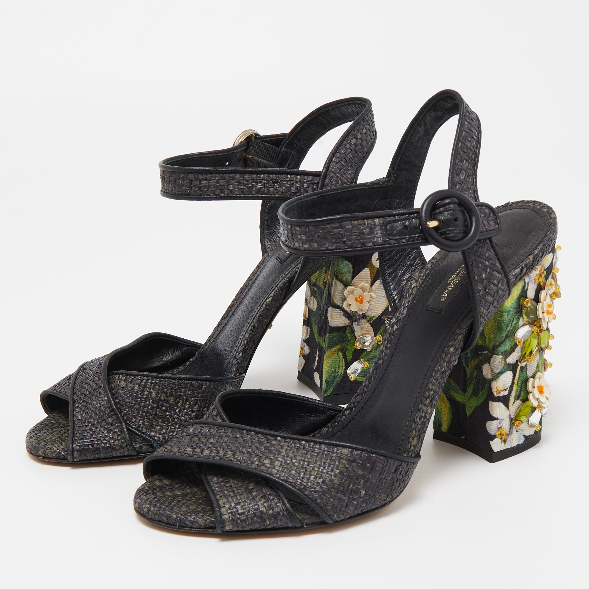 

Dolce & Gabbana Black Raffia Crystal Embellished Block Heel Sandals Size