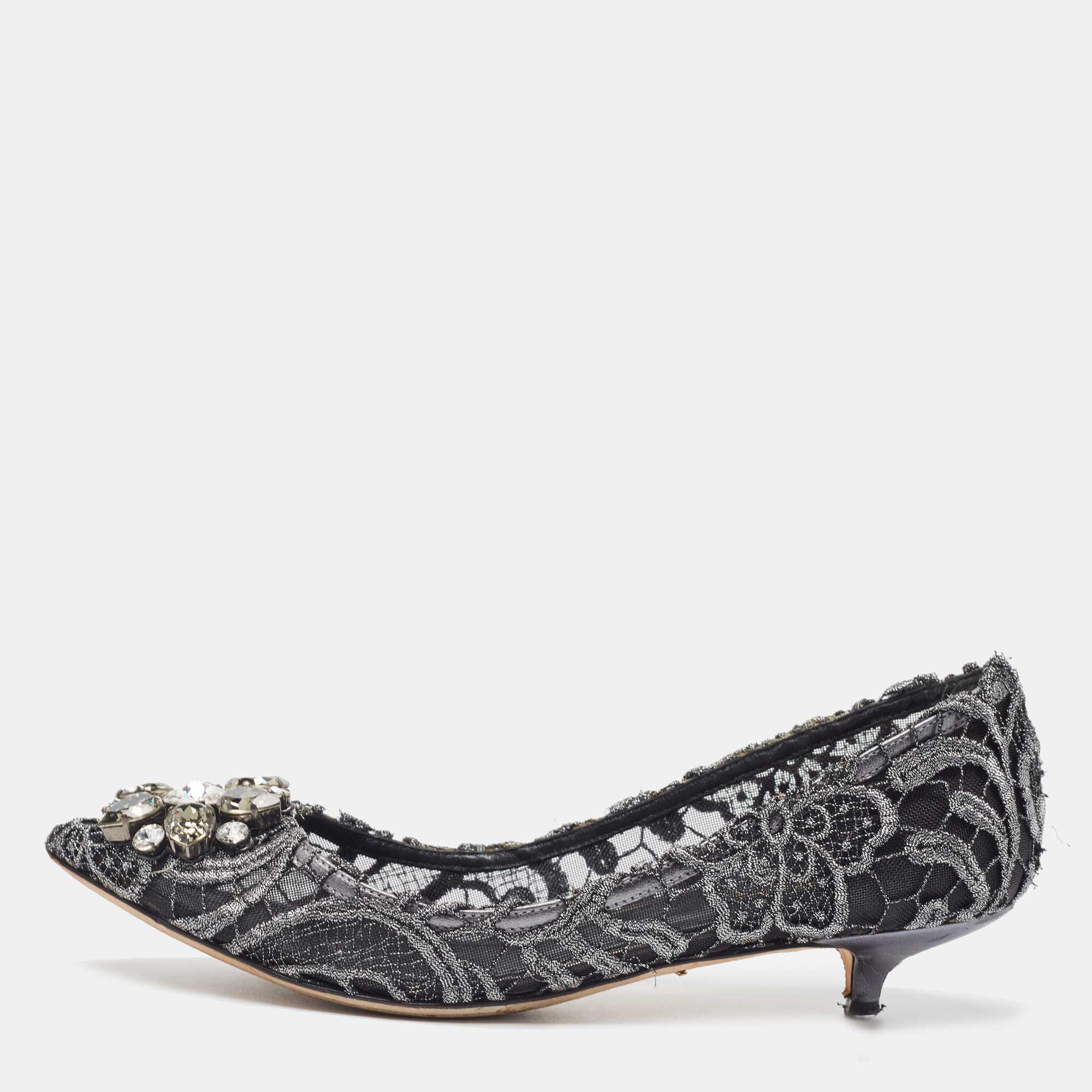 Pre-owned Dolce & Gabbana Silver/black Lace Bellucci Crystal Embellished Kitten Heel Pumps Size 37 In Grey