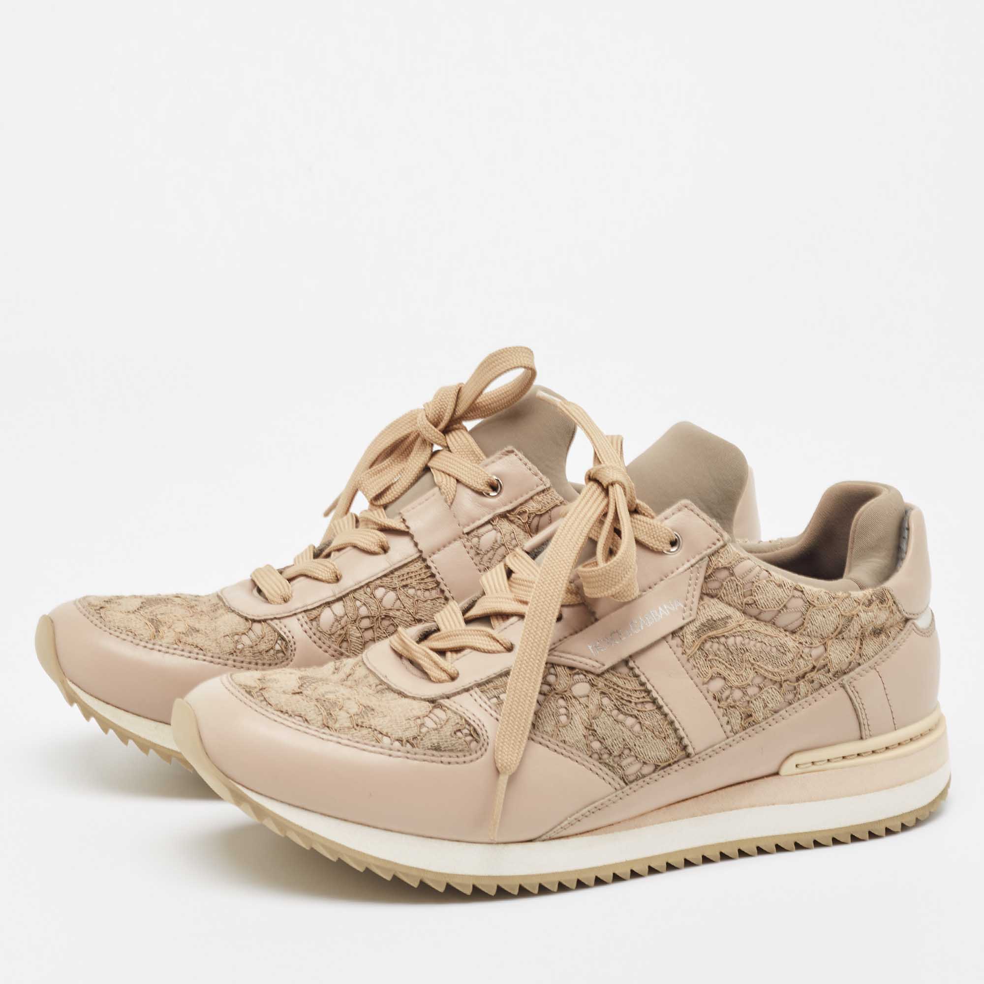 

Dolce & Gabbana Beige Leather and Lace Low Top Sneakers Size