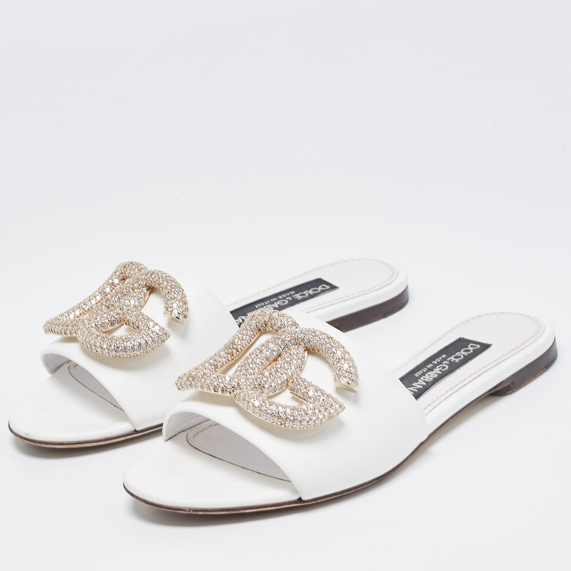 

Dolce & Gabbana White Leather DG Logo Crystals Slide Flats Size