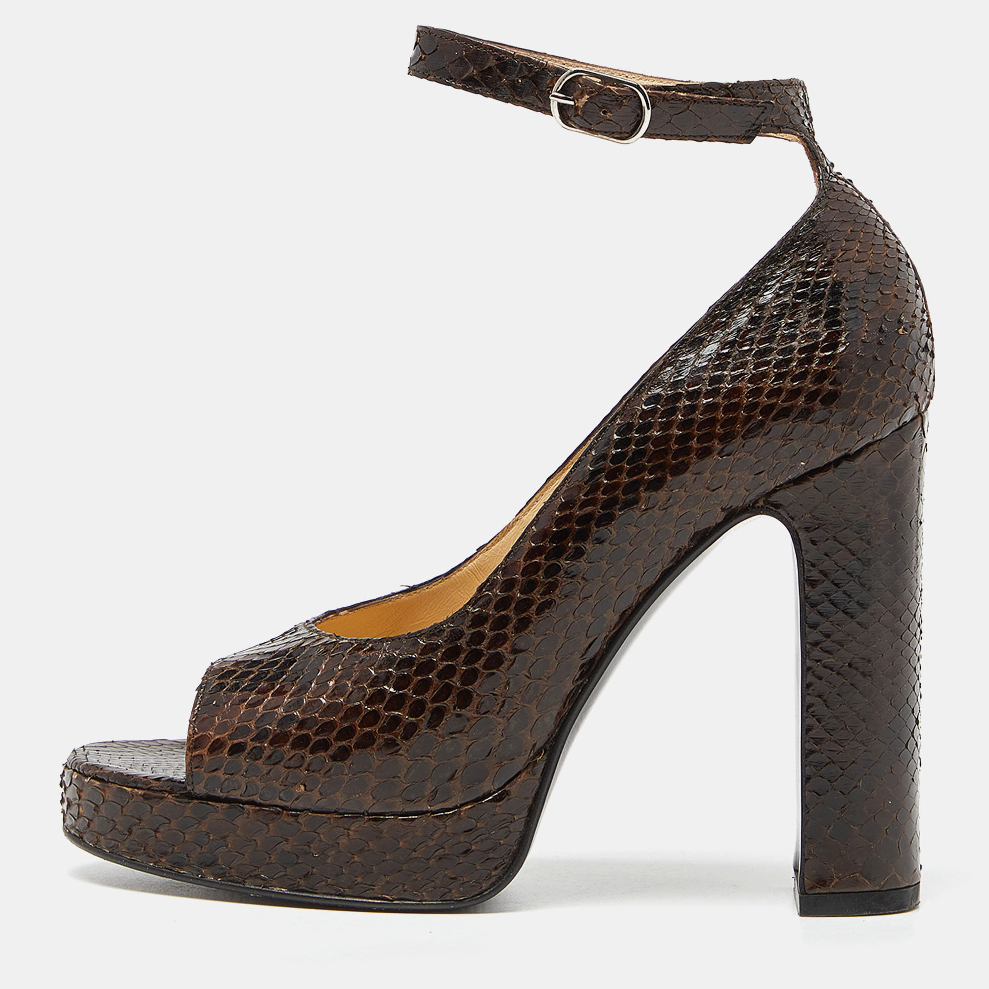 Pre-owned Dolce & Gabbana Brown Python Block Heel Pumps Size 38