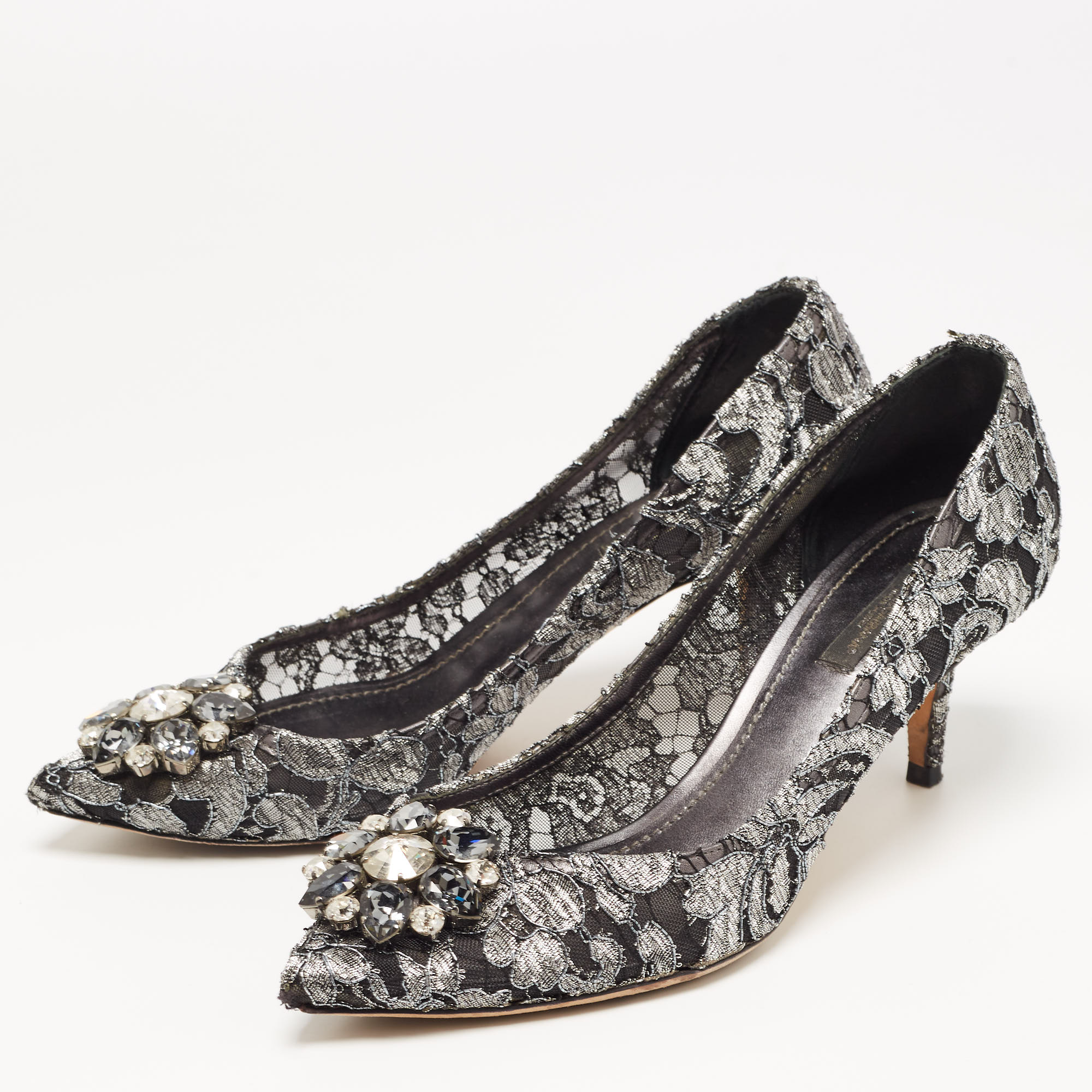 

Dolce & Gabbana Silver/Black Mesh and Lace Bellucci Pumps Size