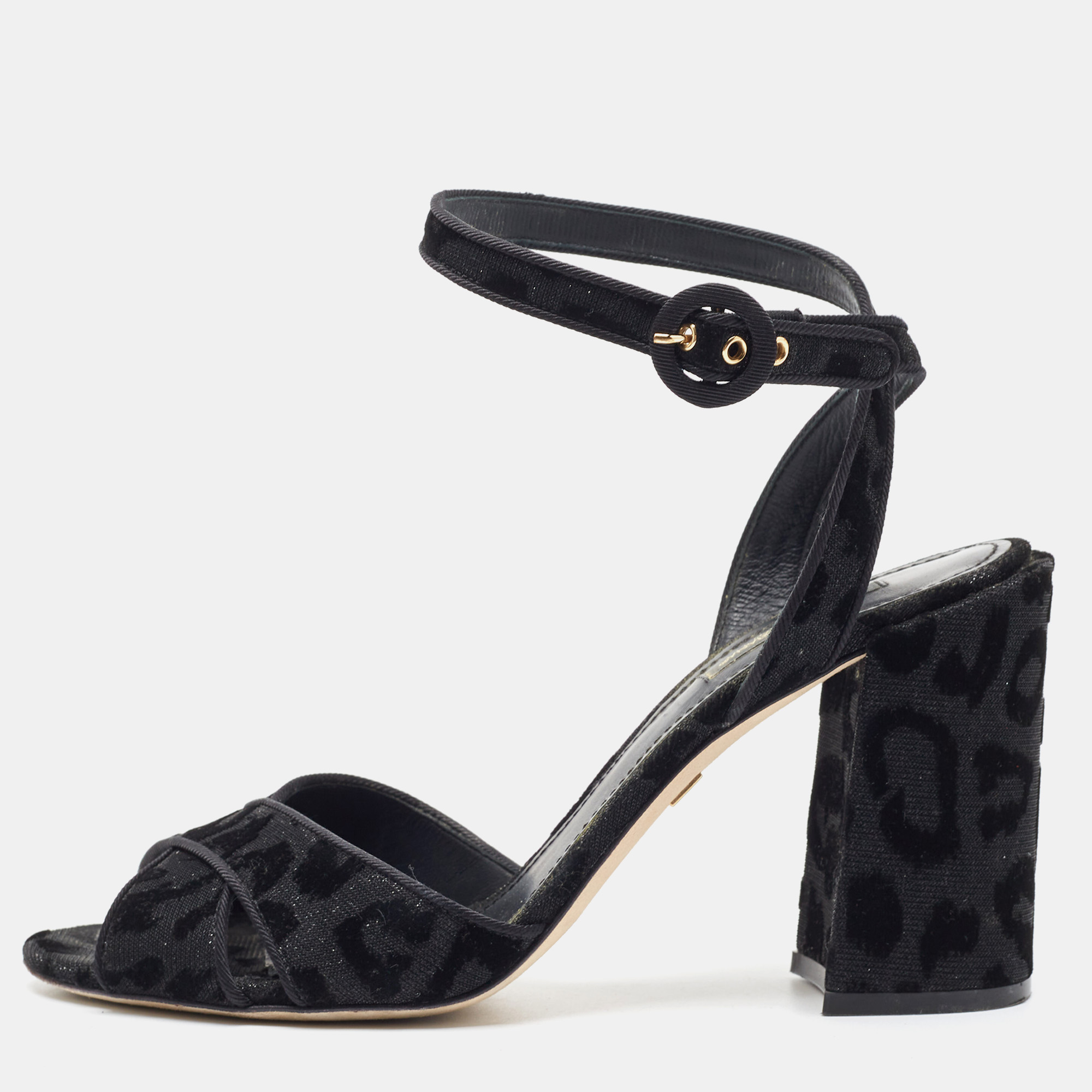

Dolce & Gabbana Black Leopard Print Glitter Fabric Ankle Strap Sandals Size
