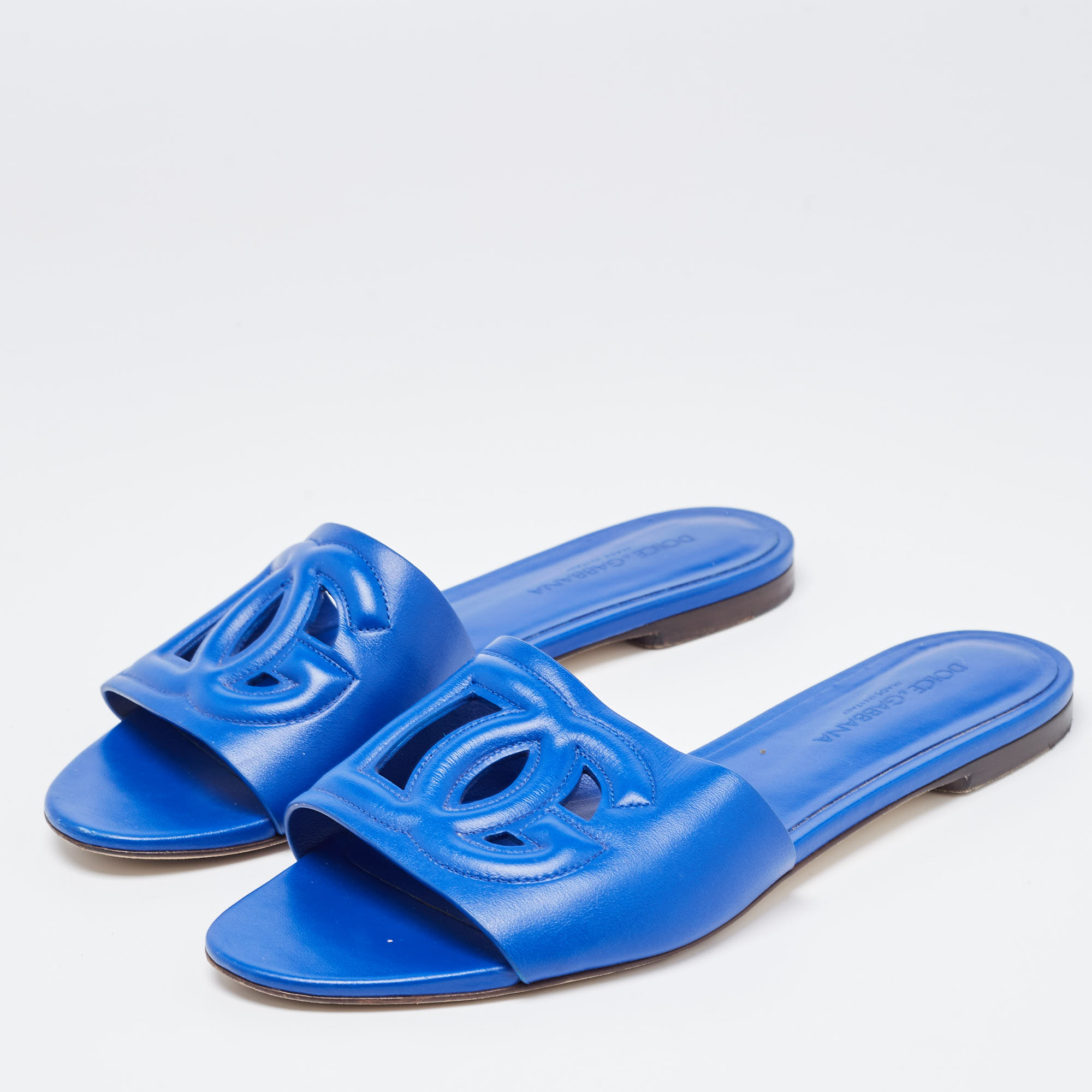 

Dolce & Gabbana Blue Leather Flat Slides Size