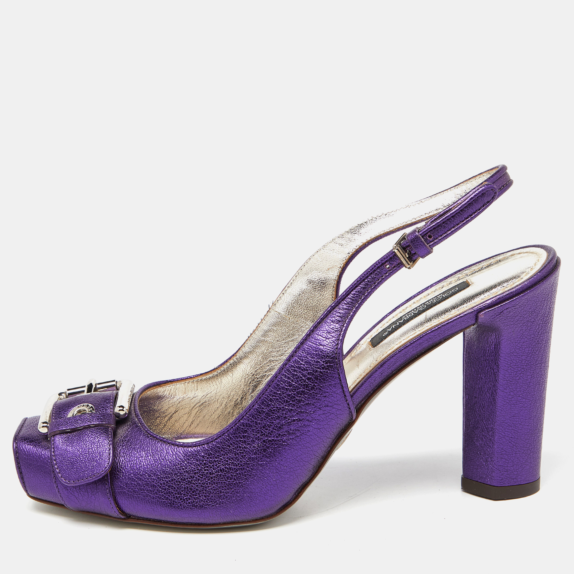 Pre-owned Dolce & Gabbana Metallic Purple Leather Buckle Detail Peep Toe Slingback Pumps Size 37