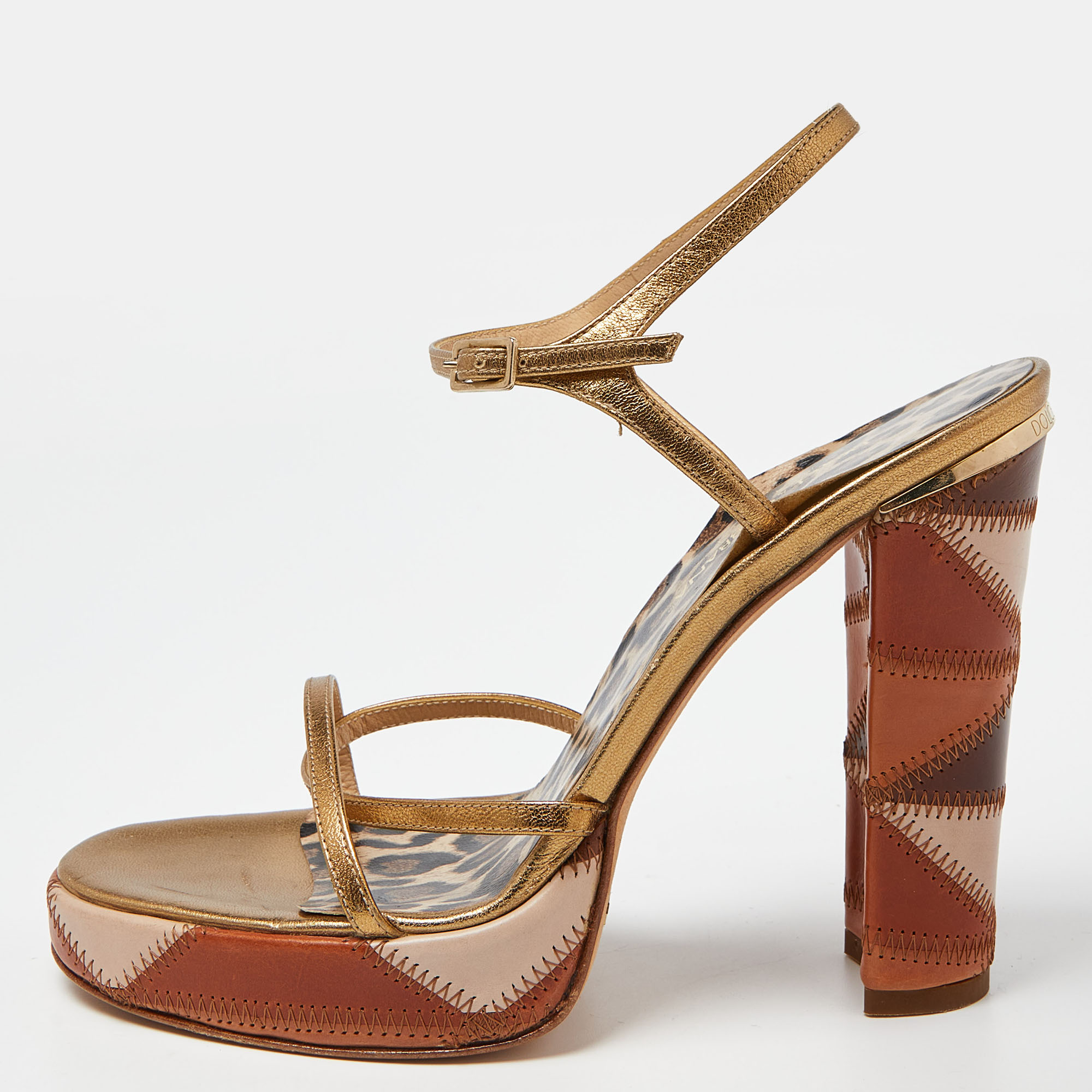 Pre-owned Dolce & Gabbana Gold Leather Platform Ankle Strap Sandals Size 38