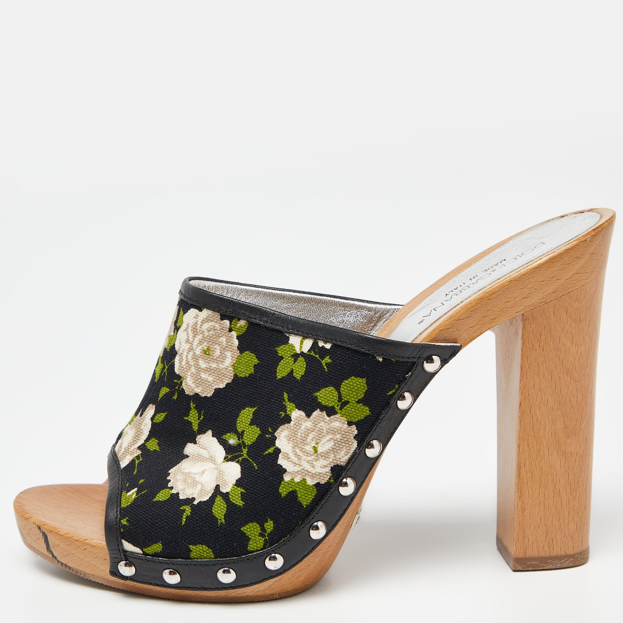 Pre-owned Dolce & Gabbana Mukticolor Floral Canvas And Leather Block Heel Mules Size 38 In Multicolor