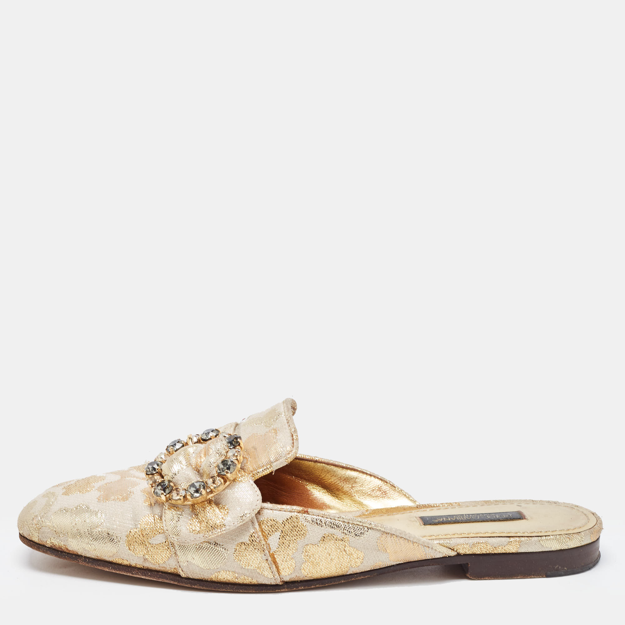 Pre-owned Dolce & Gabbana Gold Brocade Fabric Logo Slide Mules Size 36.5