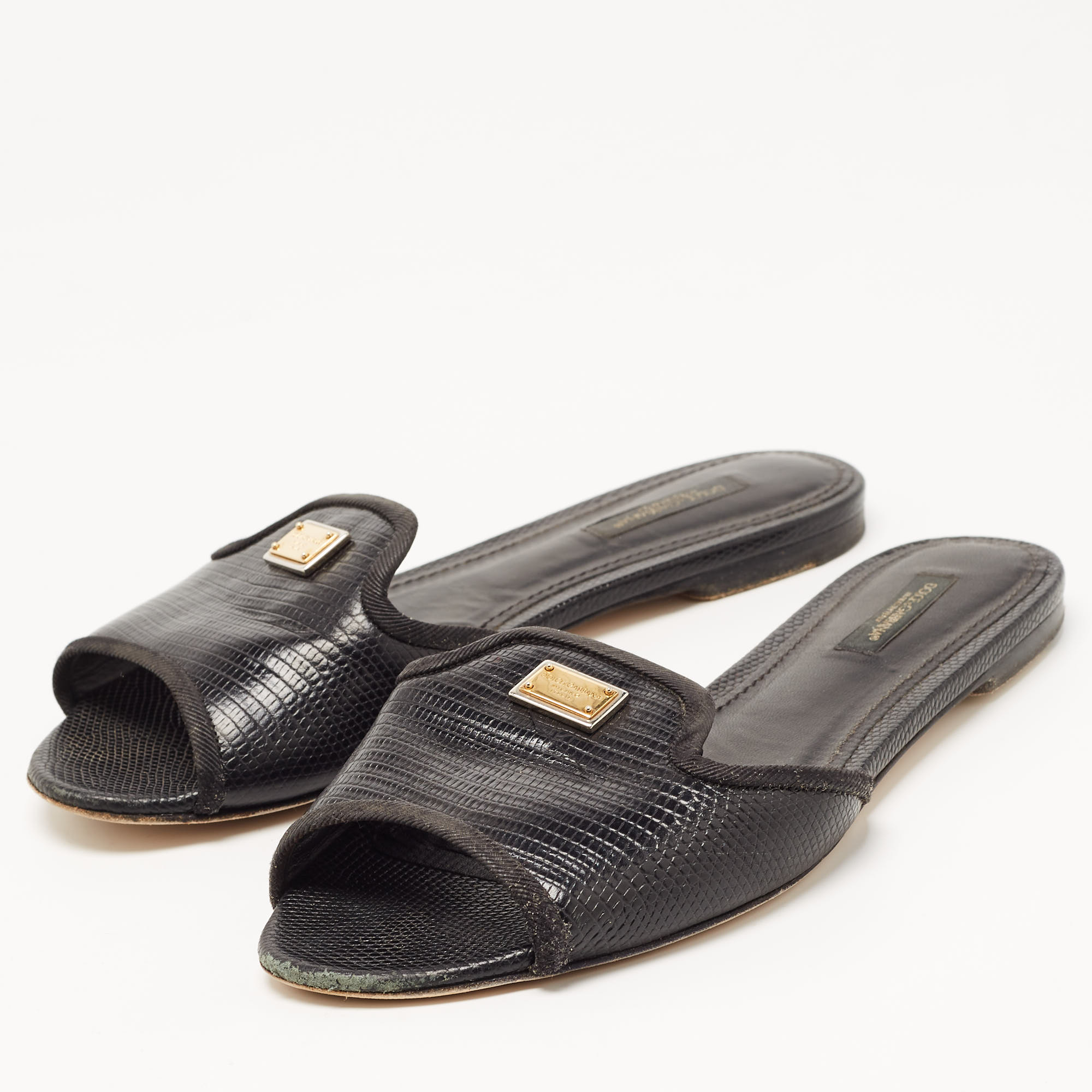 

Dolce & Gabbana Black Lizard Embossed Leather Sofia Slides Size