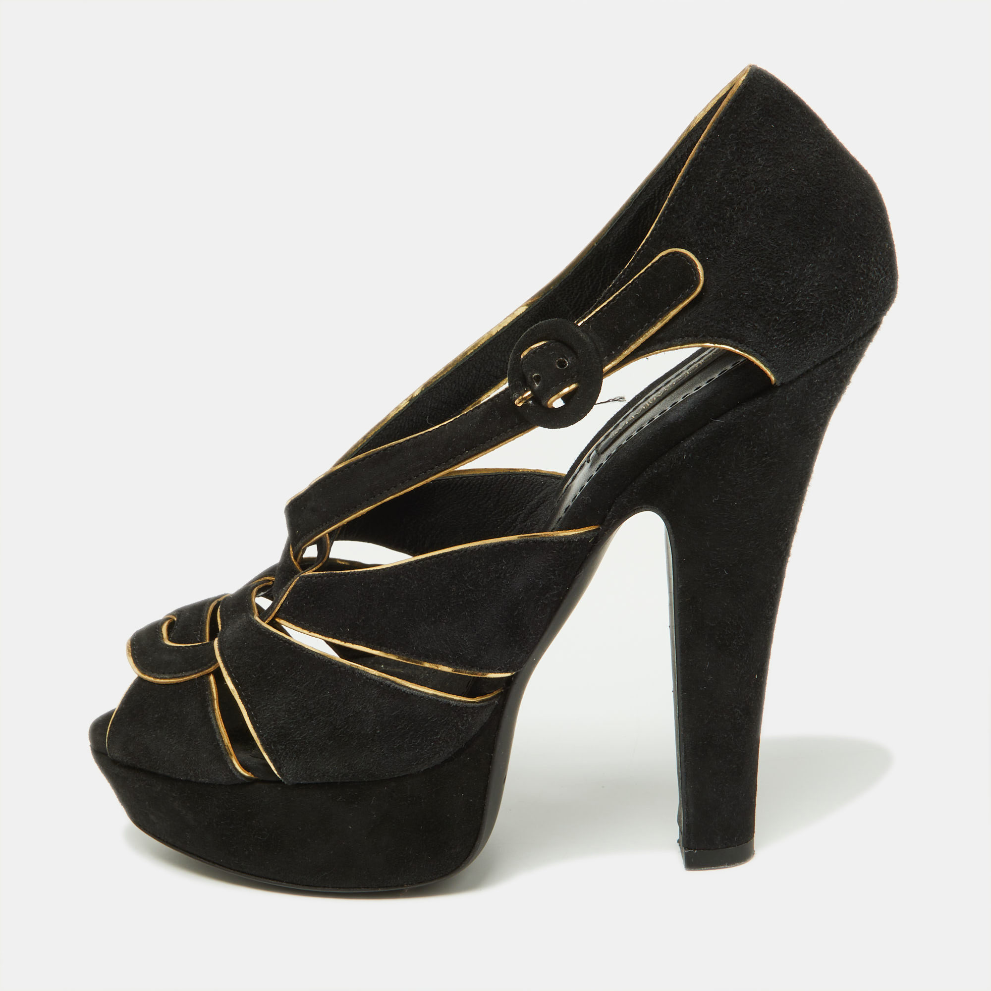 Pre-owned Dolce & Gabbana Black/gold Suede Strappy Platform Sandals Size 39